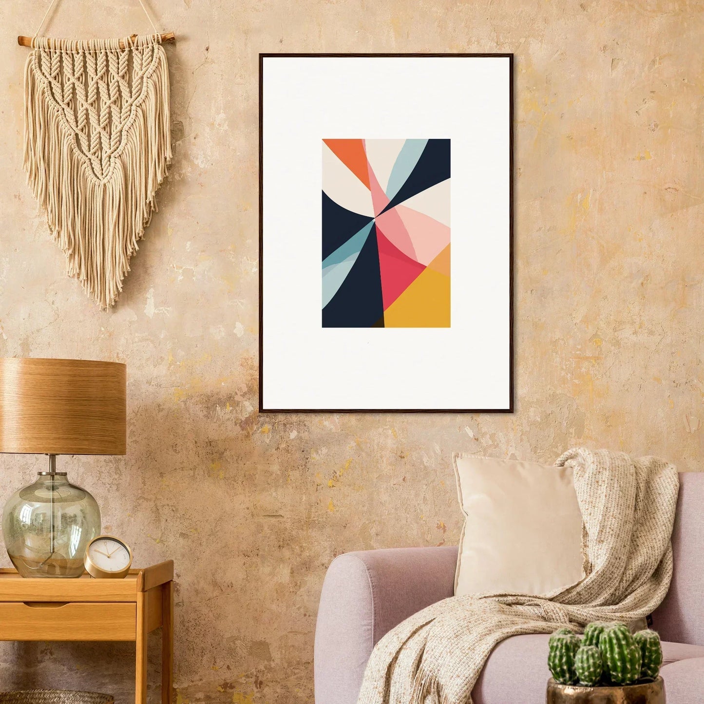 Framed abstract geometric artwork with colorful triangles for vibrant room decoration