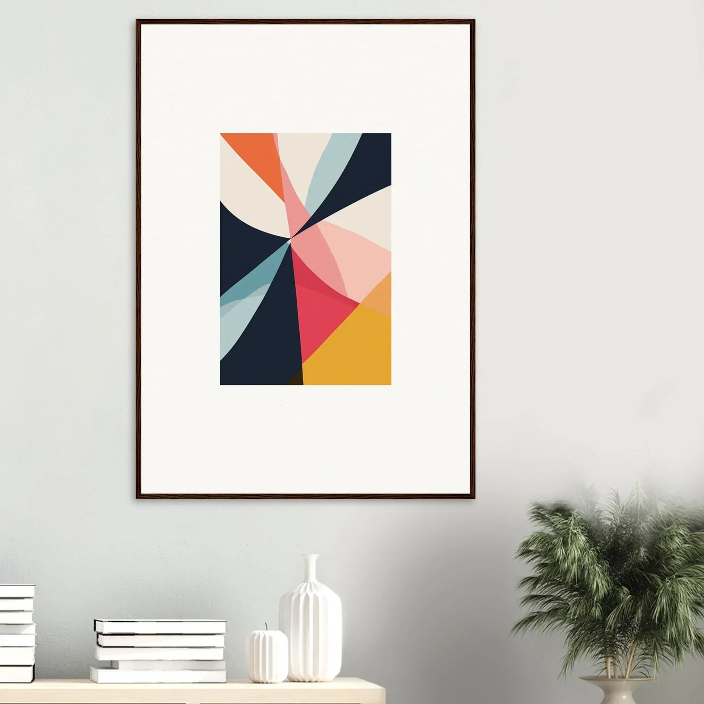Colorful triangular shapes in framed abstract art for cool room decoration; Cosmic Tango Explodes