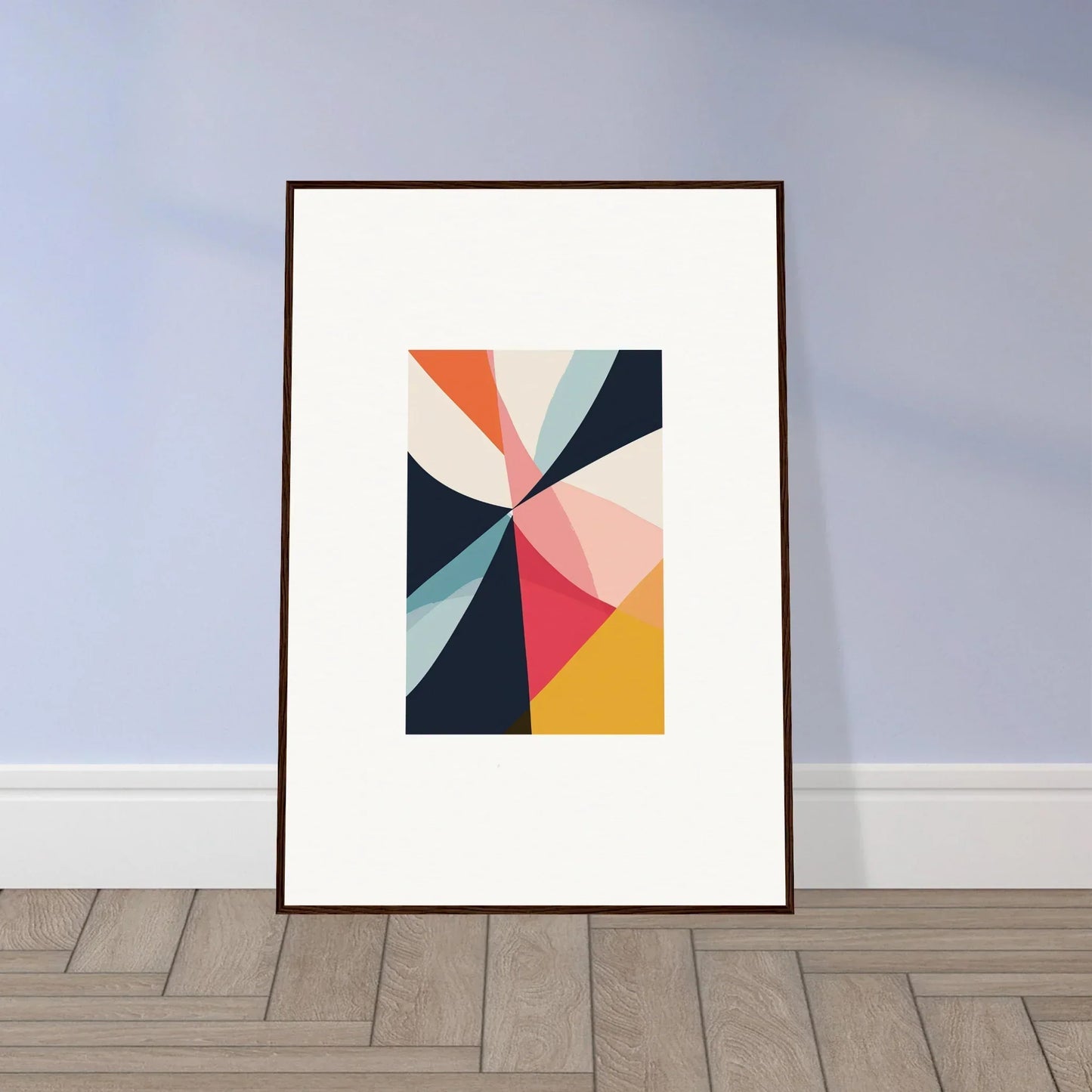 Framed geometric canvas print called Cosmic Tango Explodes for vibrant room decoration