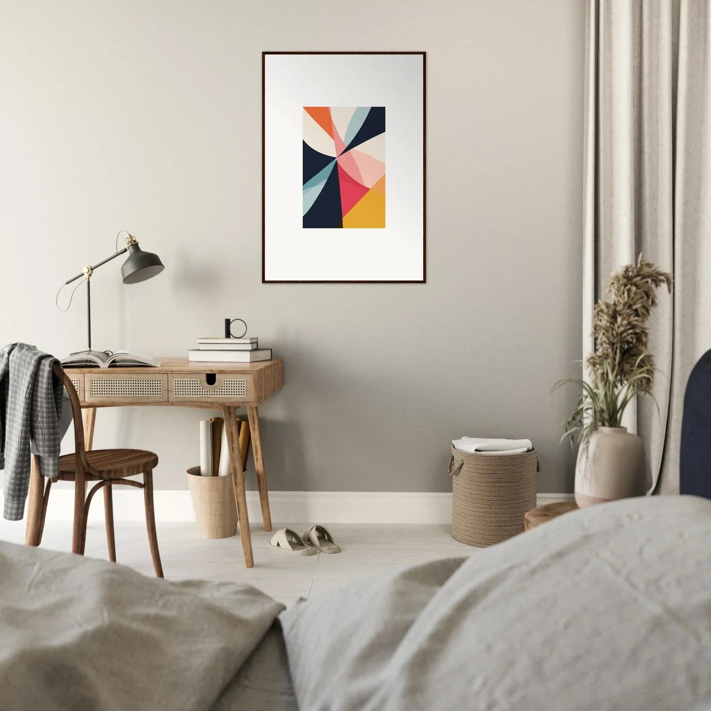 Modern bedroom workspace with wooden desk and colorful Cosmic Tango Explodes canvas print