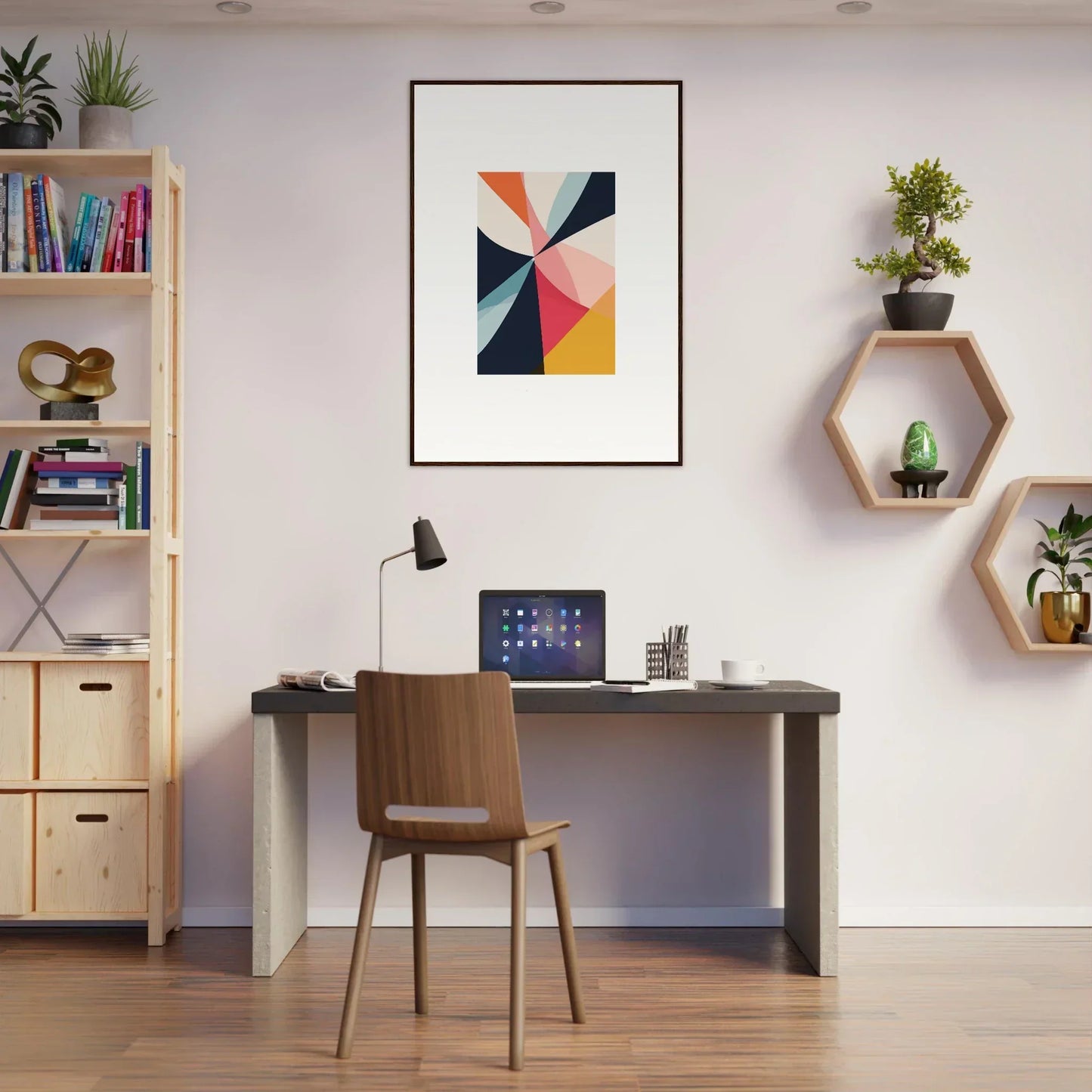 Modern home office workspace featuring a desk, chair, and Cosmic Tango Explodes canvas print