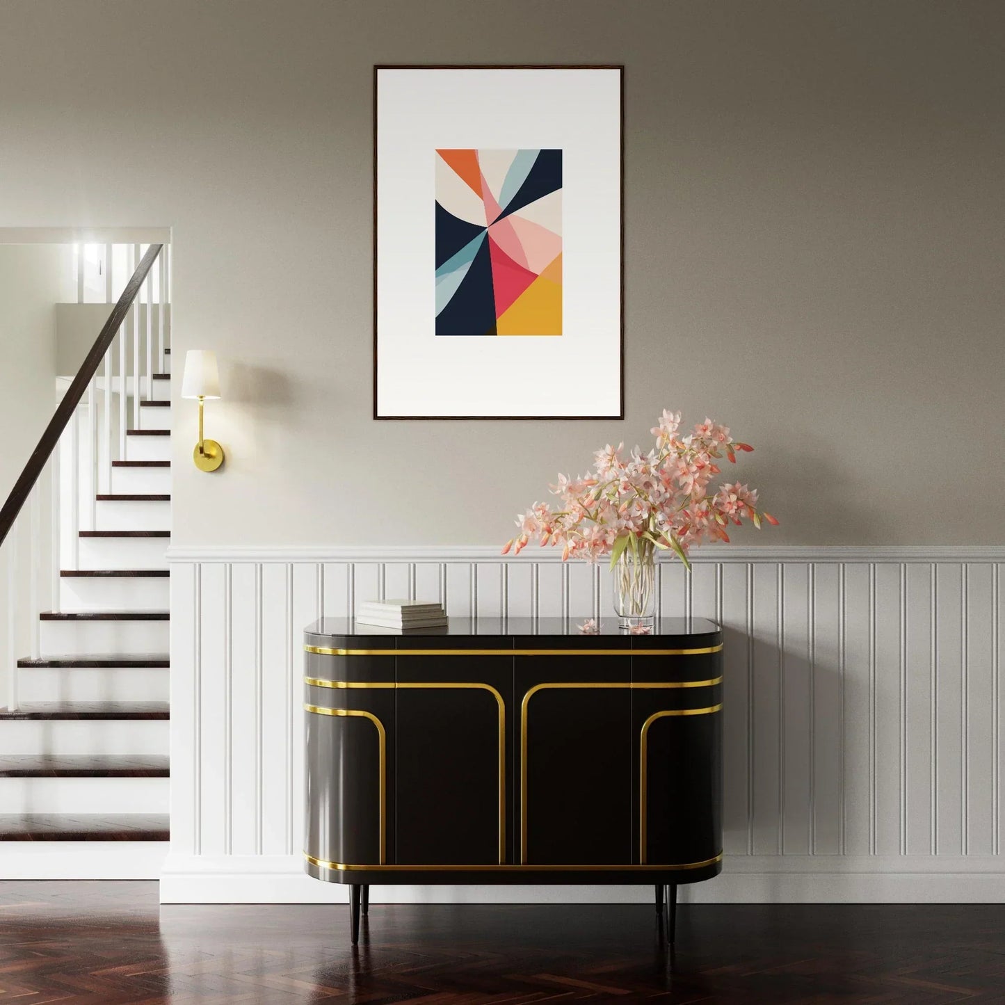 Elegant black sideboard with gold trim, perfect for room decoration with Cosmic Tango Explodes