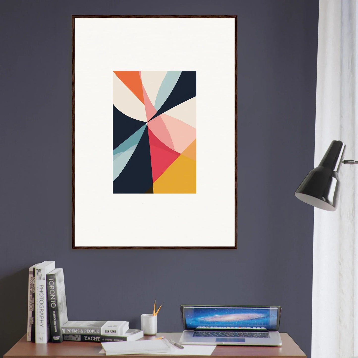 Abstract geometric canvas print of colorful triangles for fun room decoration, Cosmic Tango Explodes