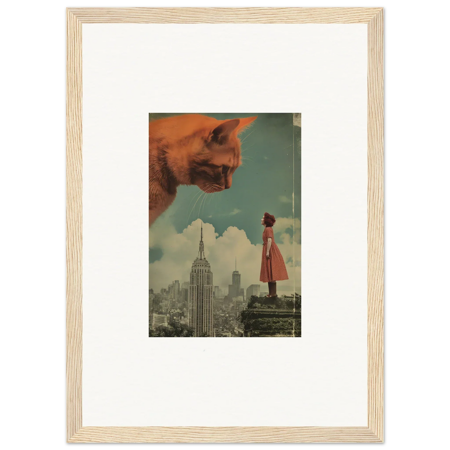 Surreal collage of a giant face and cityscape for whimsical room decor and framed wall art