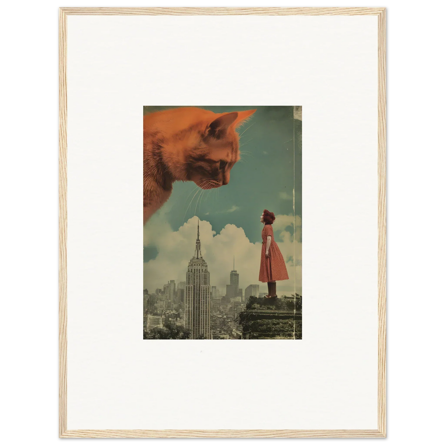 Surreal collage of giant cat head over cityscape for whimsical room decor and framed wall art