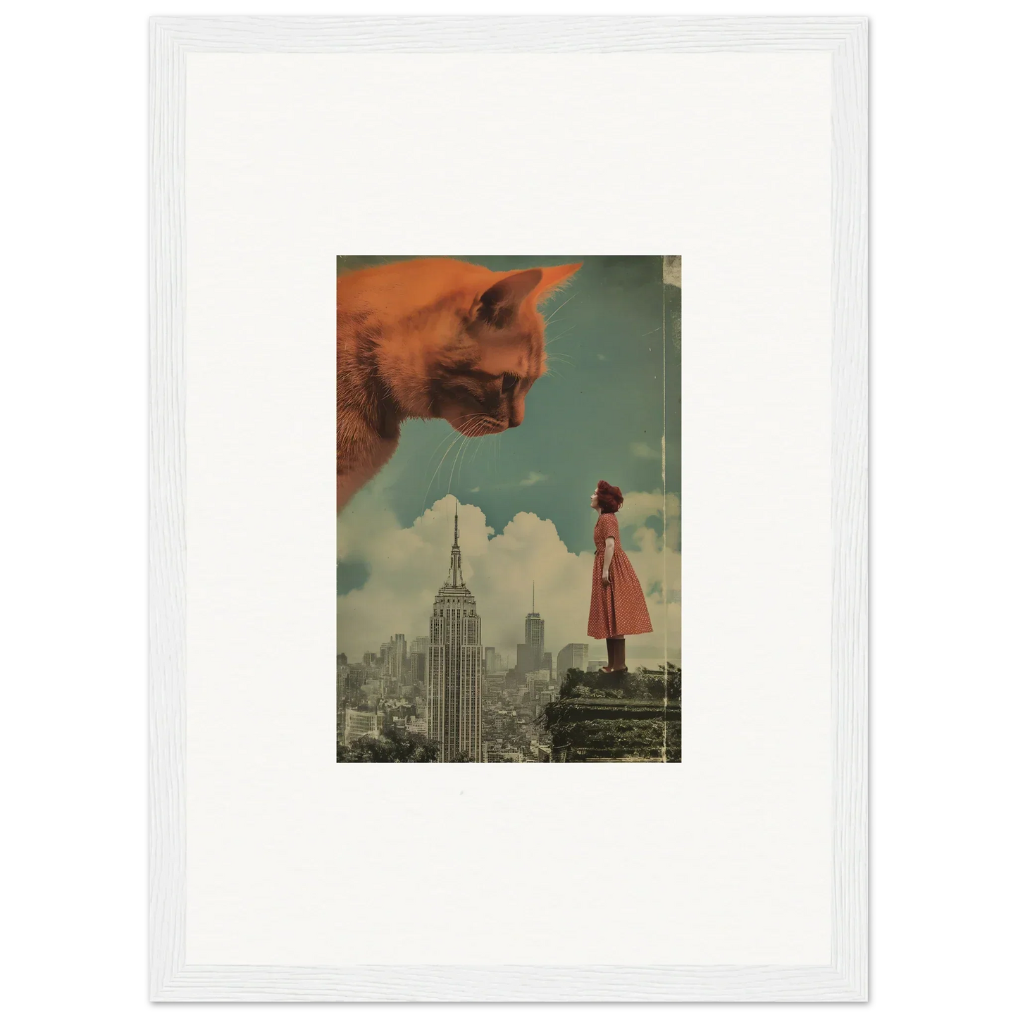 Surreal collage of a giant cat face, NYC skyline, and woman in red for whimsy glance room decor