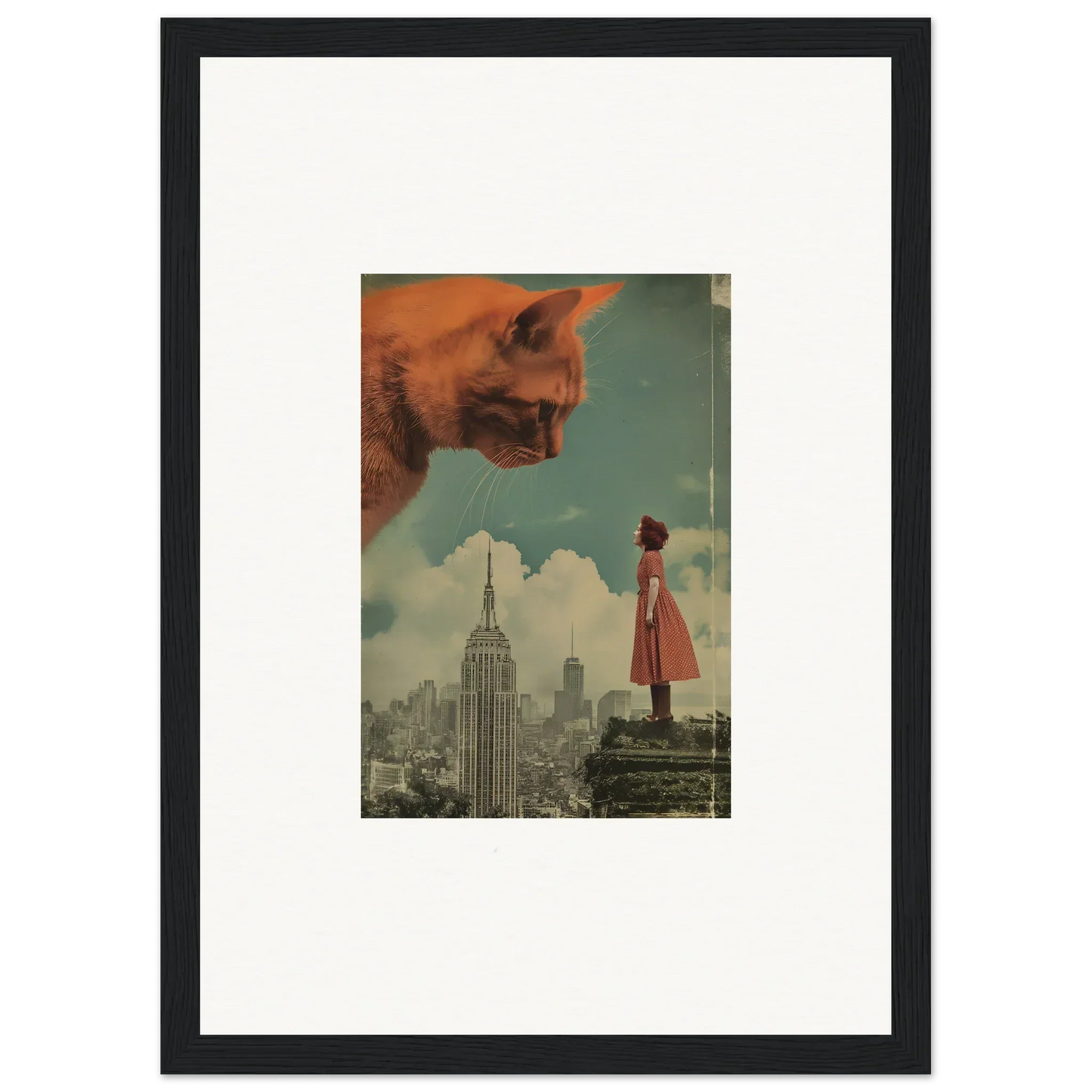 Surreal collage of a giant cat head and cityscape for whimsical room decor and framed wall art