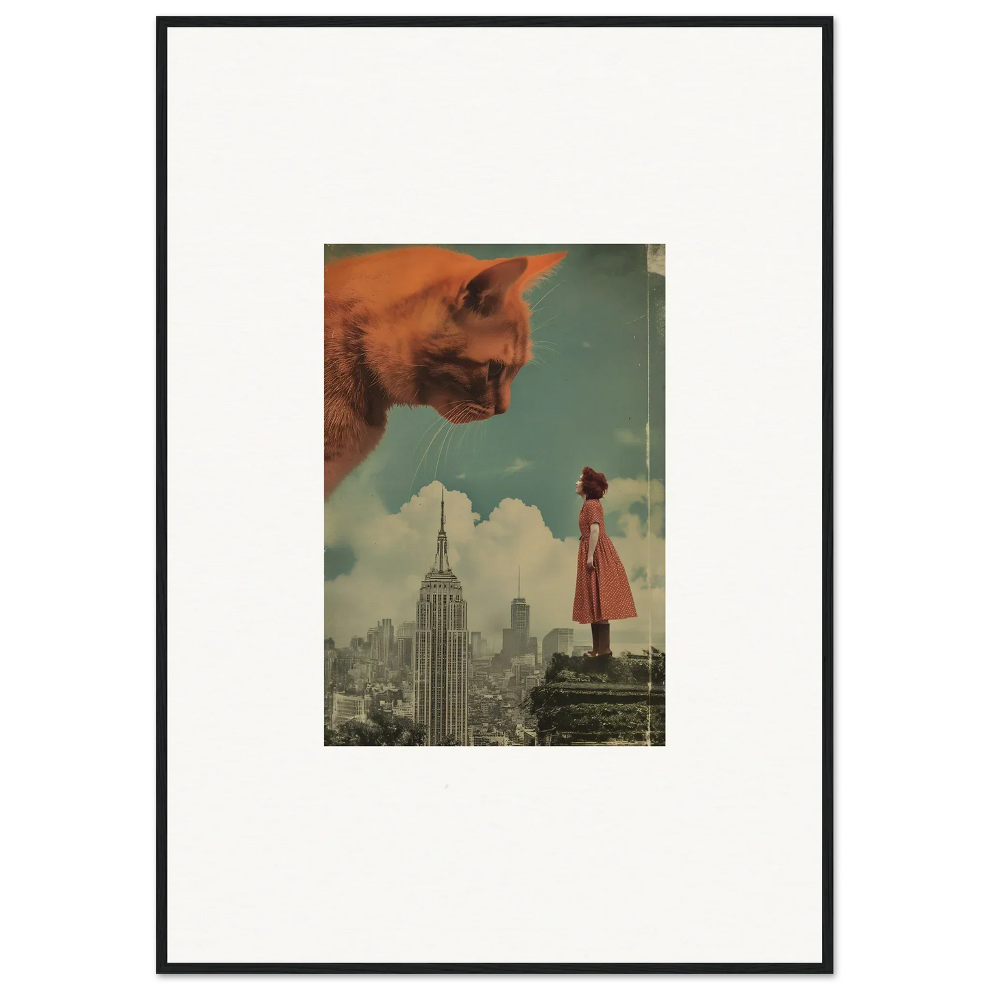 Framed surrealist wall art of a giant cat and New York City for whimsical room decor
