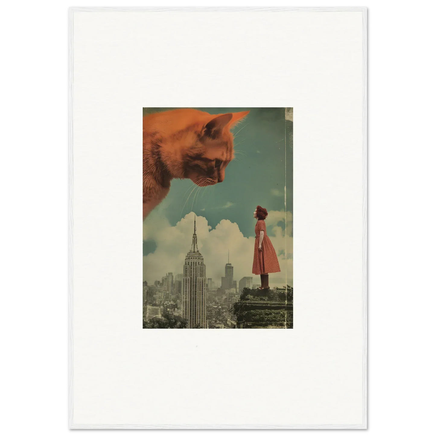 Surreal collage of a giant cat’s face, NYC skyline, and a woman in red for whimsy glance wall art