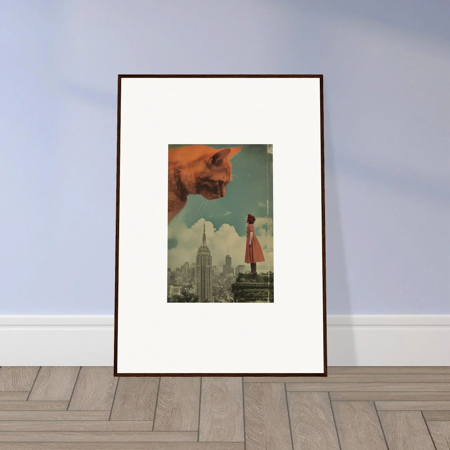 Framed surrealist wall art with whimsy glance, featuring a face and cityscape