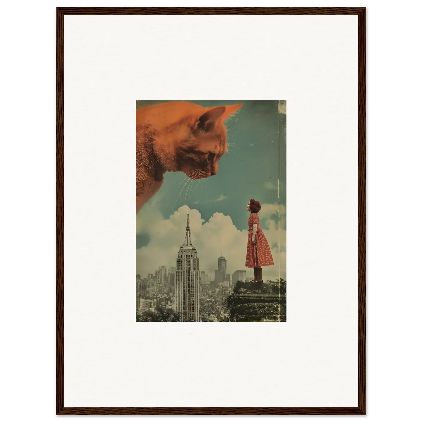 Framed wall art featuring whimsical cat and NYC skyline for unique room decor