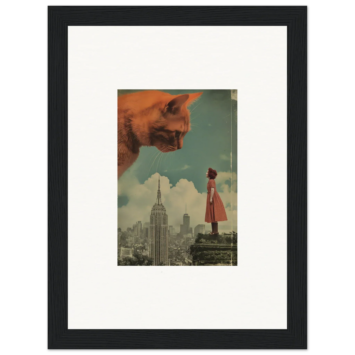 Surreal collage of giant cat face, cityscape, and figure, perfect for whimsy glance room decor