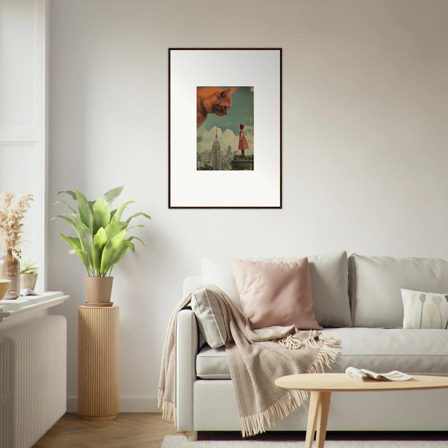 Framed surrealist wall art of a figure in a cityscape with a whimsical red object