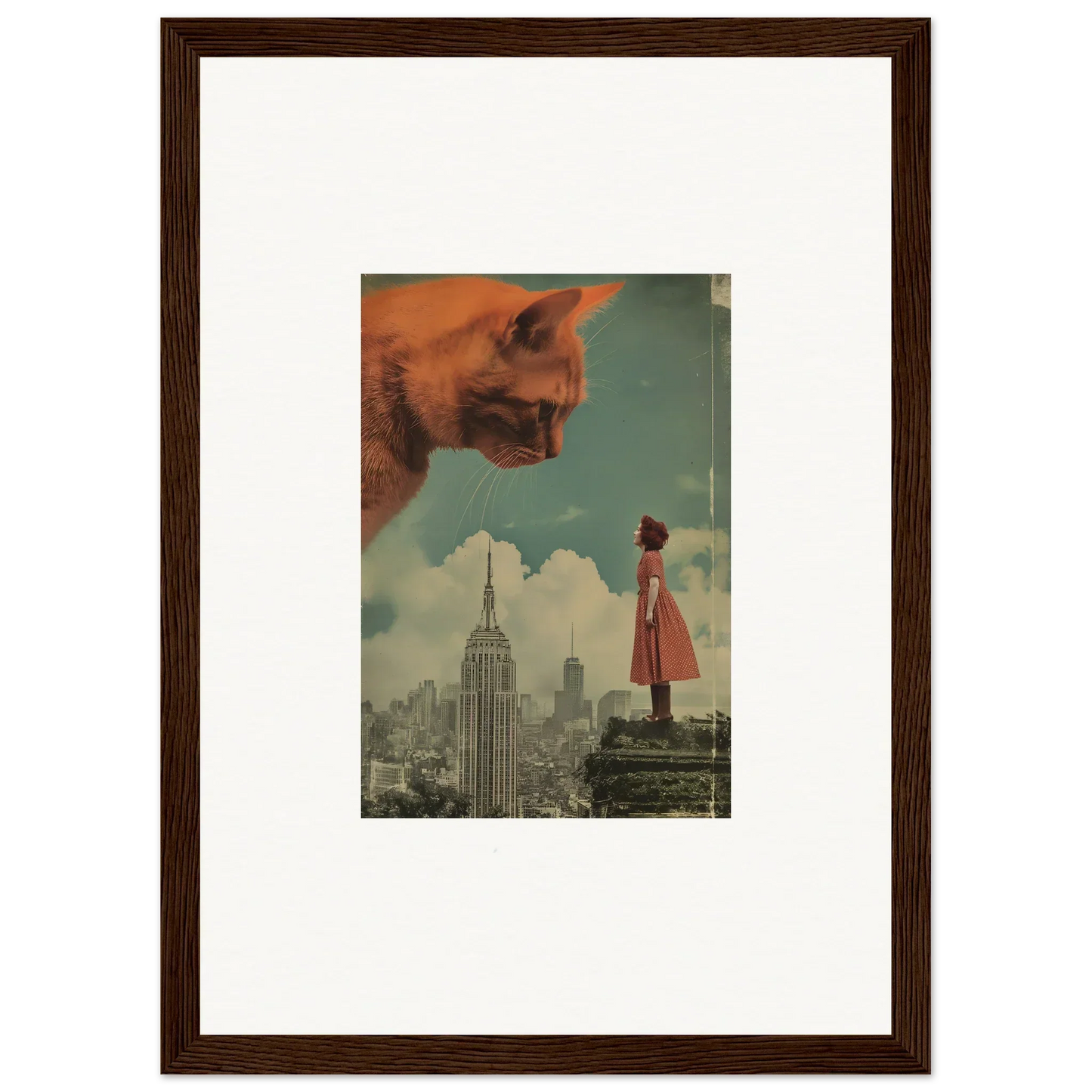Framed wall art featuring whimsical giant face, cityscape, and figure for unique room decor