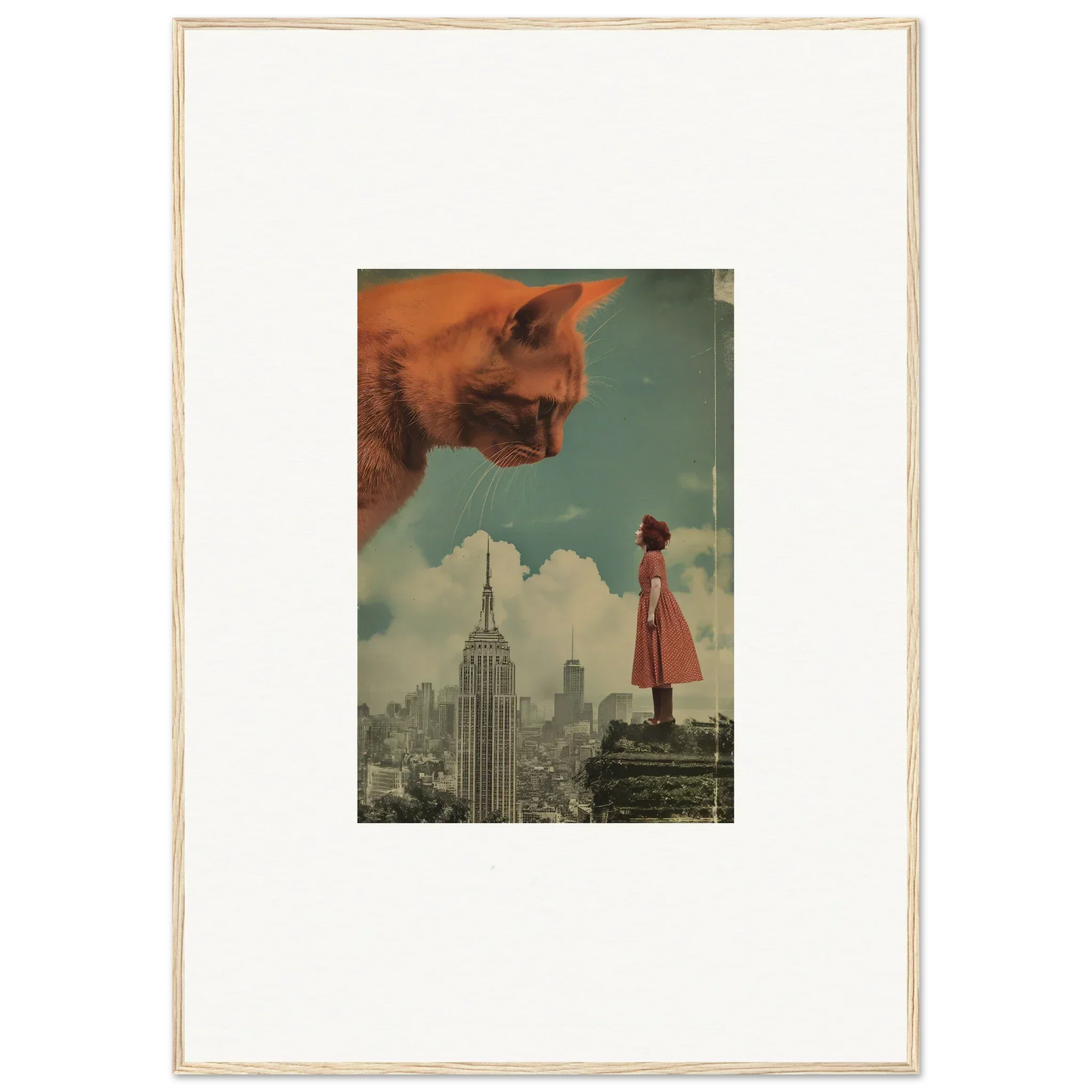 Surreal collage of a giant cat, NYC skyline, and woman in red for whimsy glance room decor
