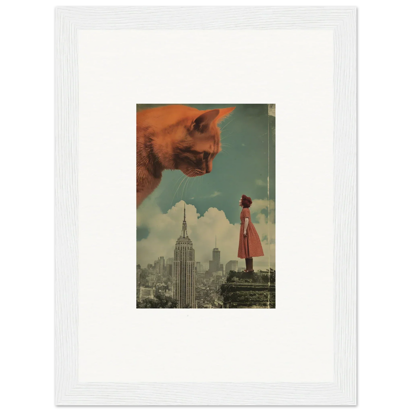 Surreal collage of a giant cat face and cityscape for whimsical room decor art