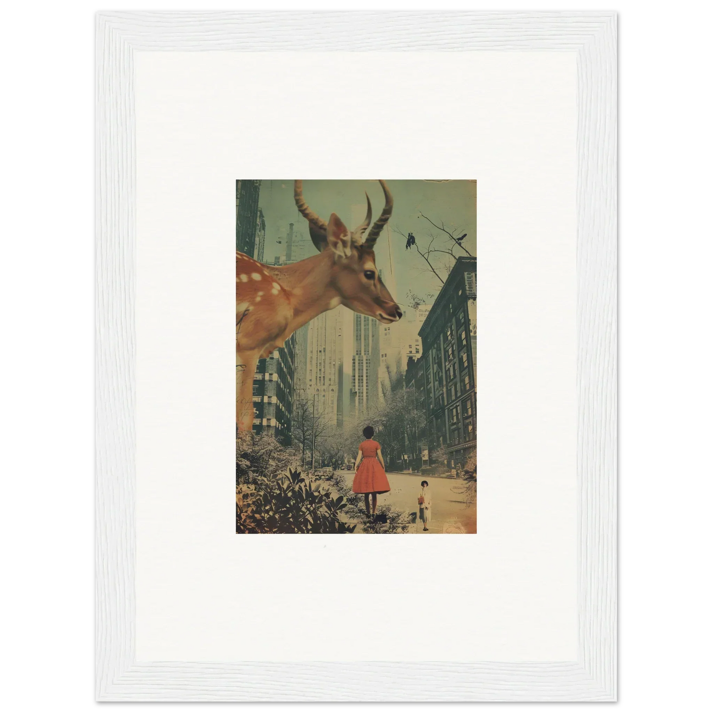 Surreal collage of giant deer head over city street, perfect for Mind Gala room decor
