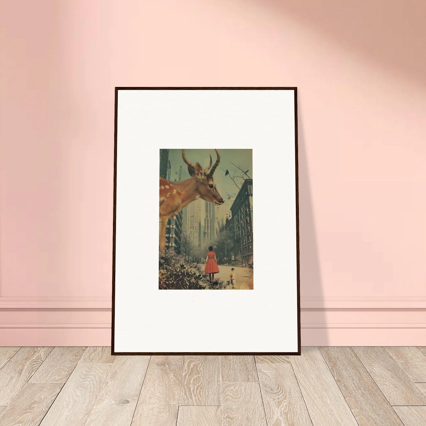 Framed surrealist wall art of a giant deer and city, perfect for Mind Gala room decor