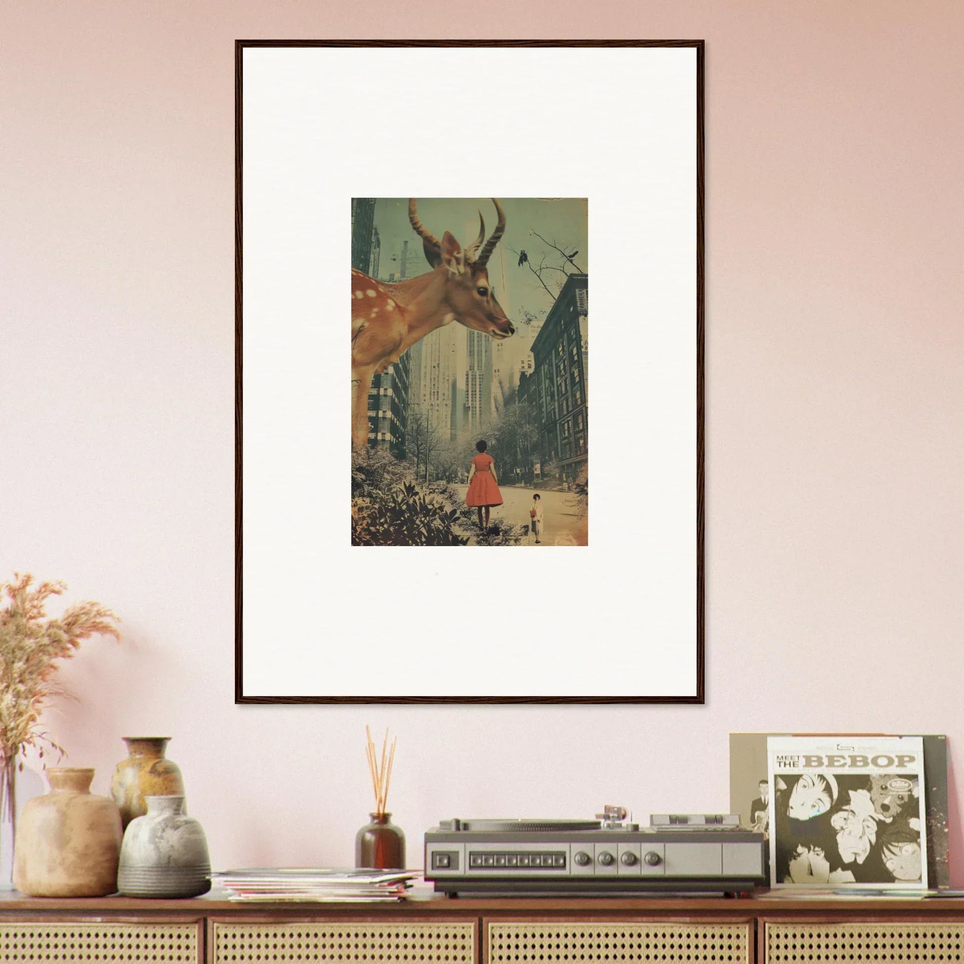 Surreal urban scene framed wall art featuring a giant deer for unique Mind Gala room decor