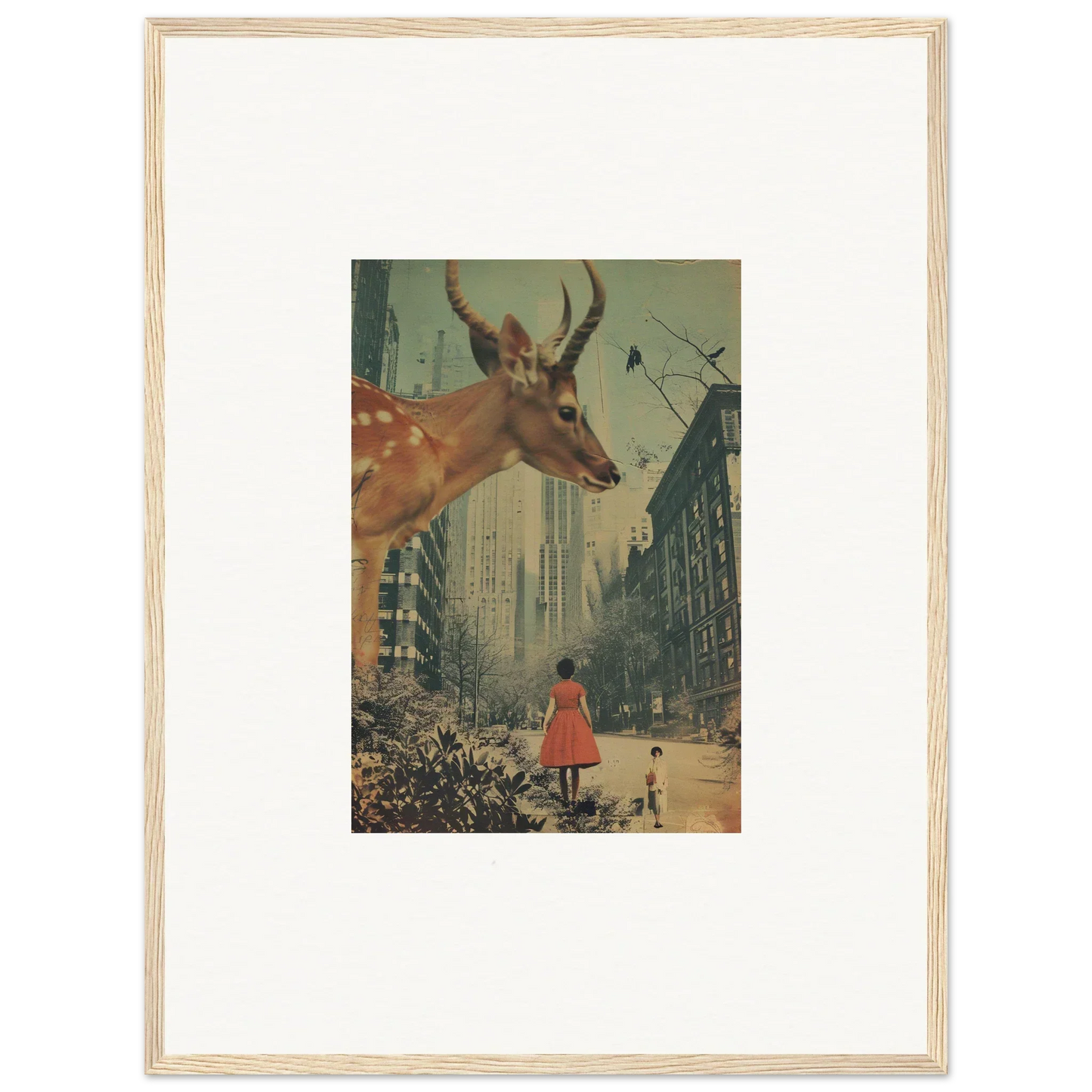 Framed wall art of a surreal Mind Gala scene with a giant deer head over a city street