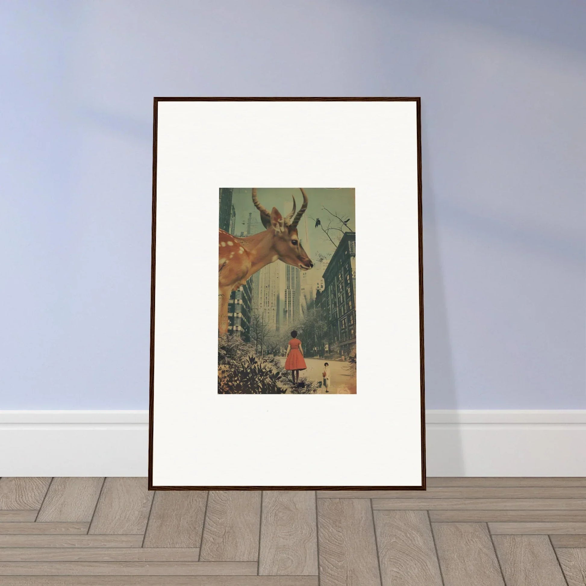 Framed wall art of a surreal urban scene with a giant deer for Mind Gala room decor