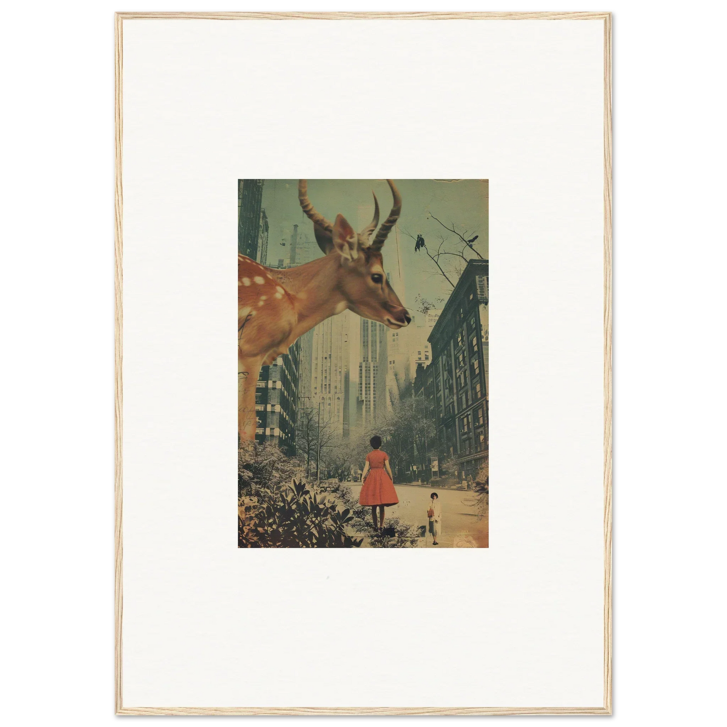 Surreal collage of giant deer head over city street, perfect for Mind Gala room decor
