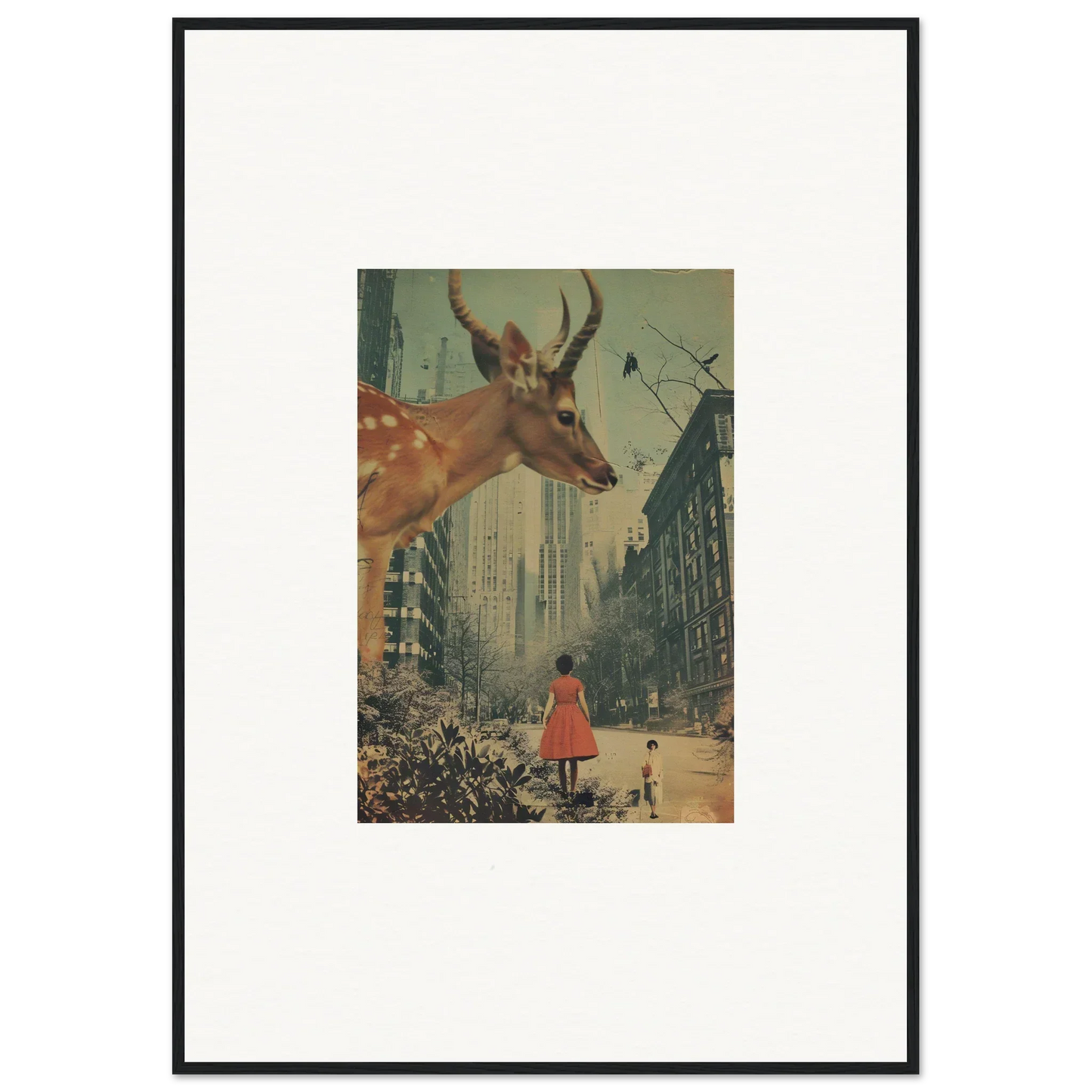 Framed wall art of surreal giant deer in cityscape for Mind Gala room decor