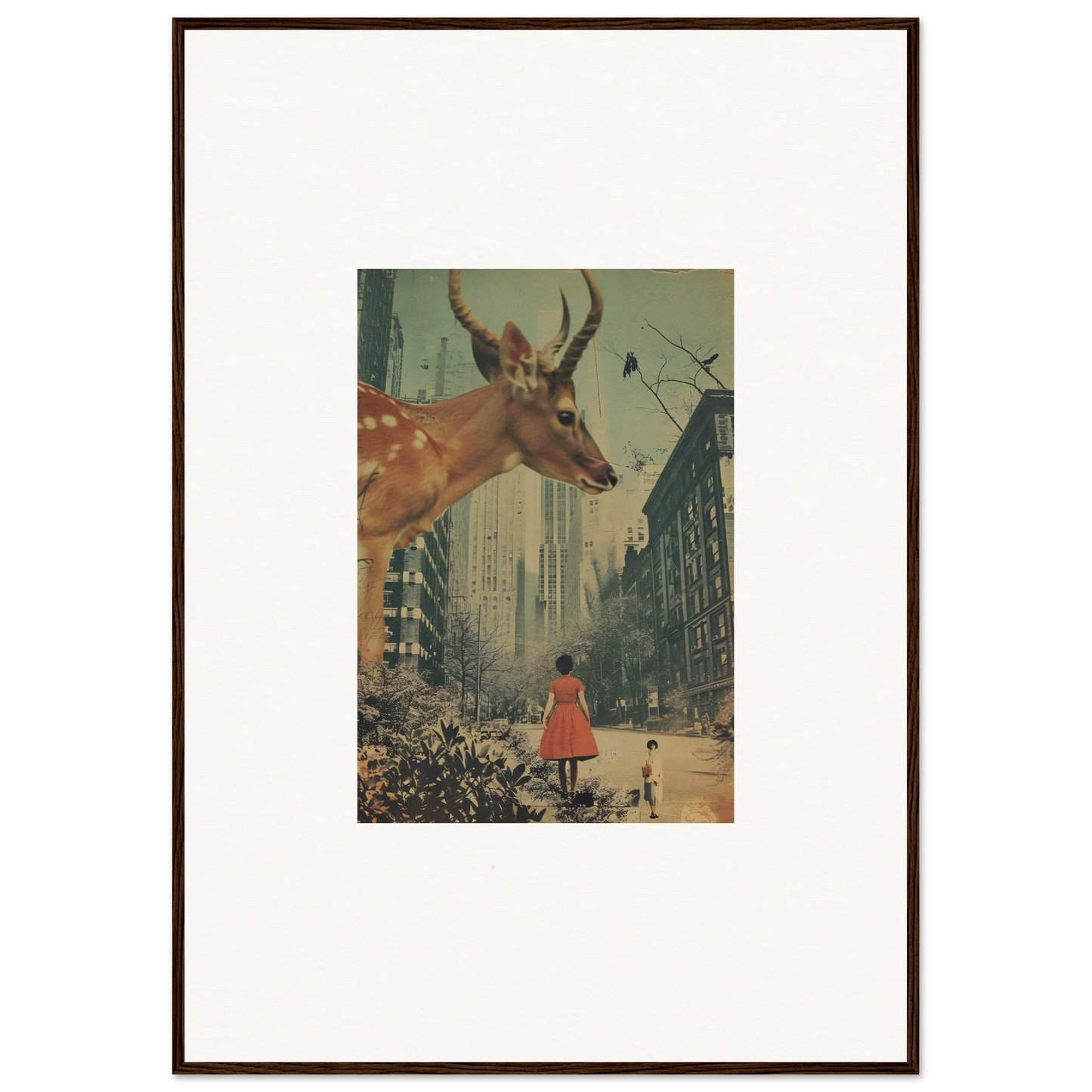 Framed wall art of a surreal deer-person collage for unique room decor at Mind Gala