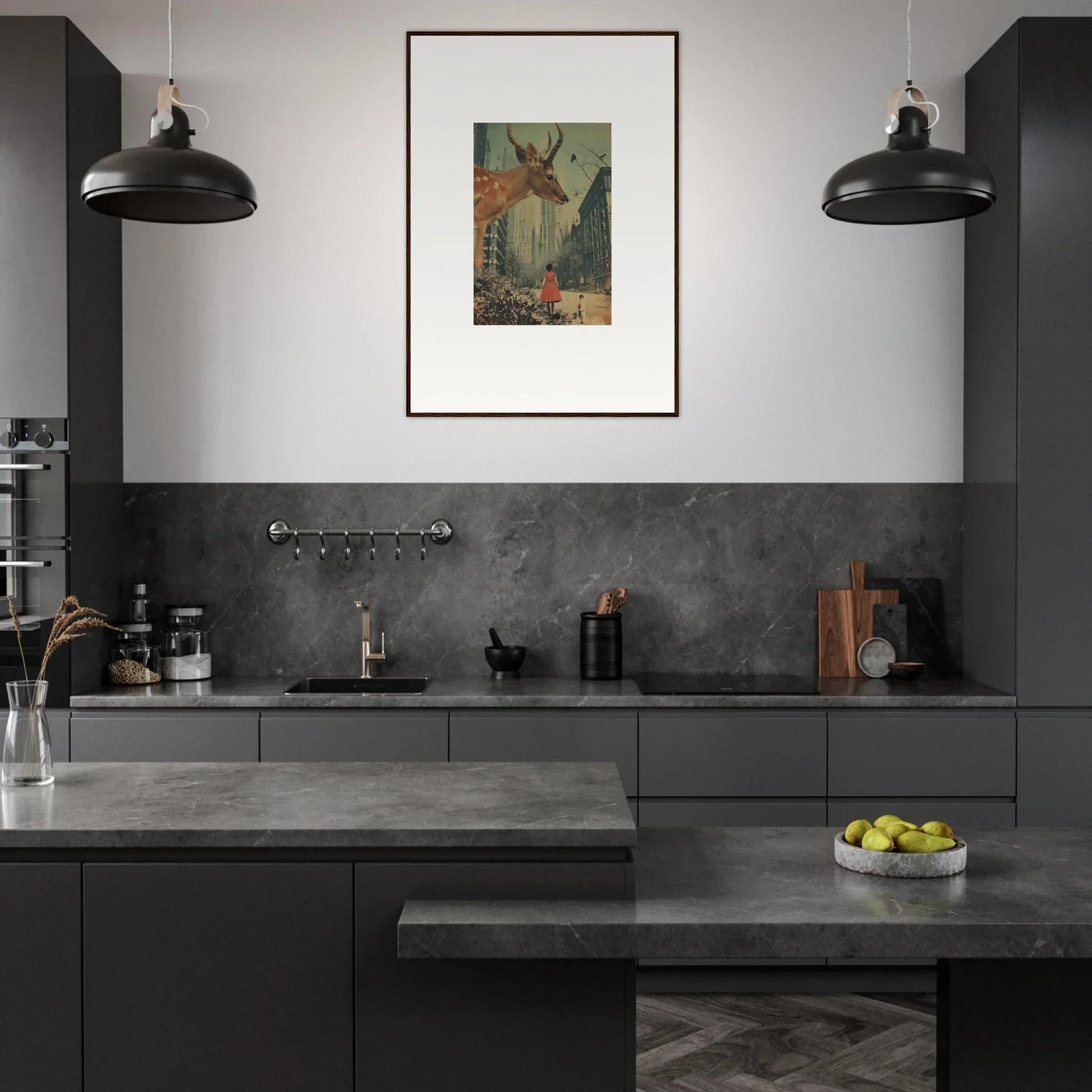 Modern kitchen with dark gray cabinetry, pendant lights, and framed wall art for Mind Gala