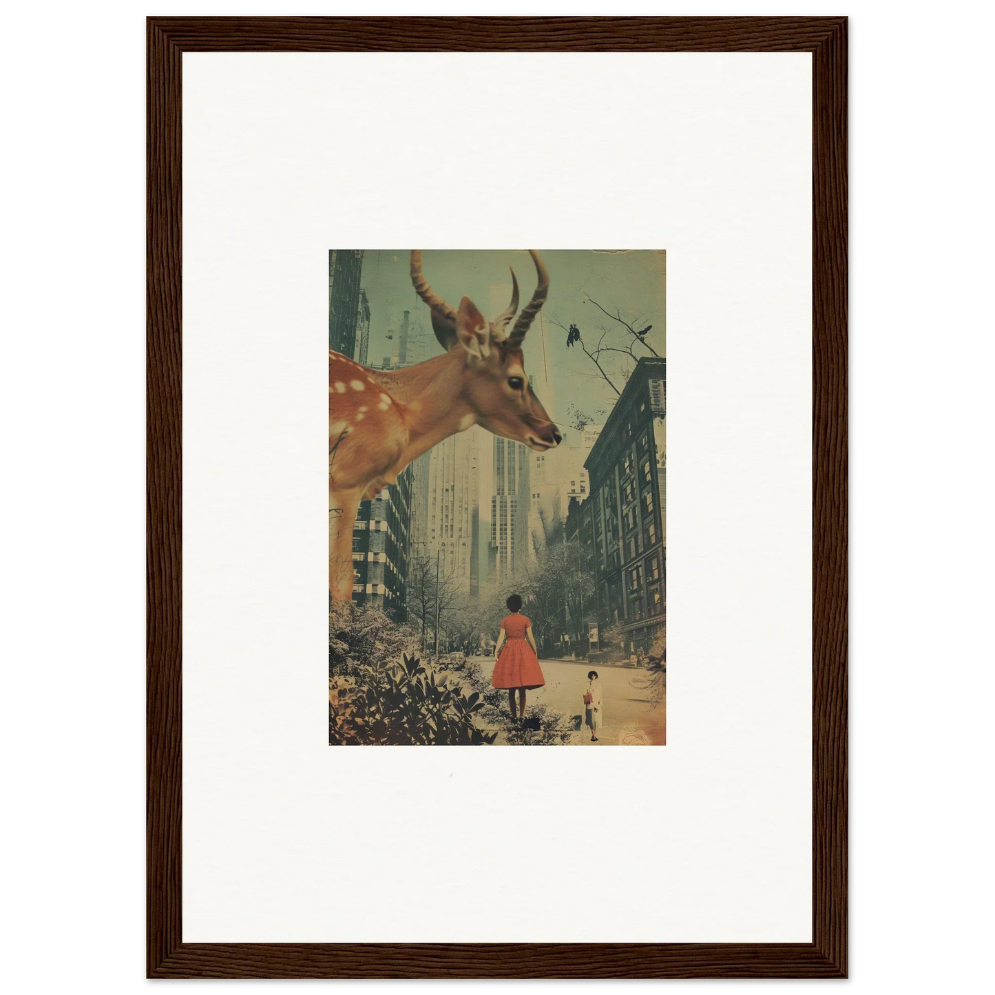 Framed wall art of a surreal city scene with a deer head for Mind Gala room decor