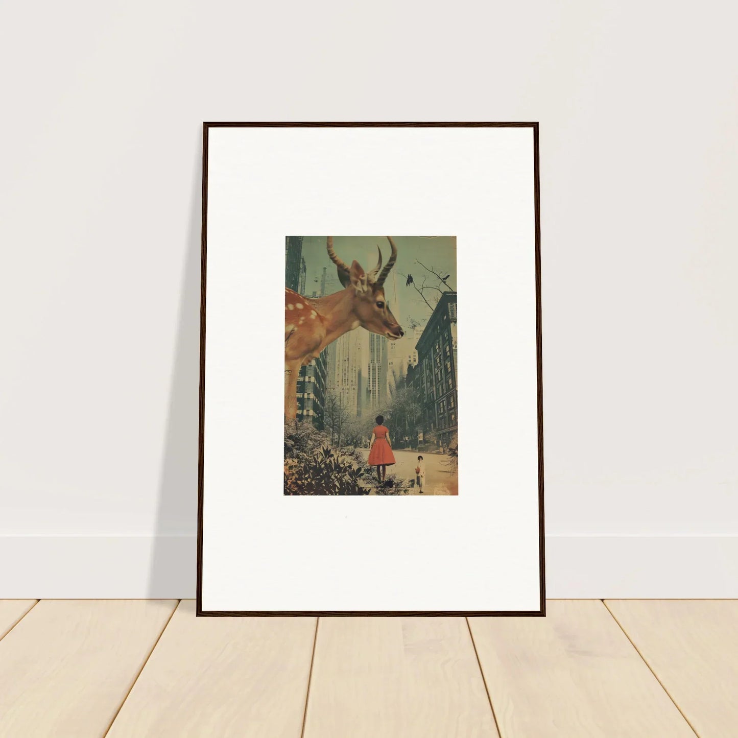 Framed surrealist wall art of a giant deer head over a city street, perfect for Mind Gala room decor