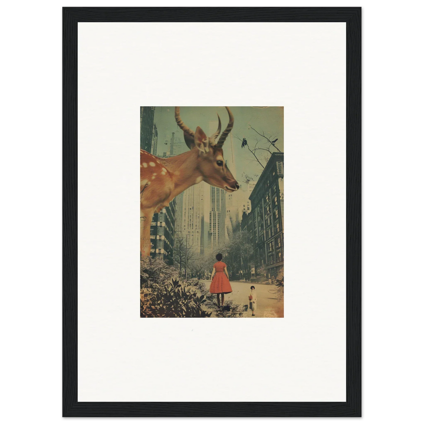 Framed surrealist wall art of a giant deer head over a city for Mind Gala room decor