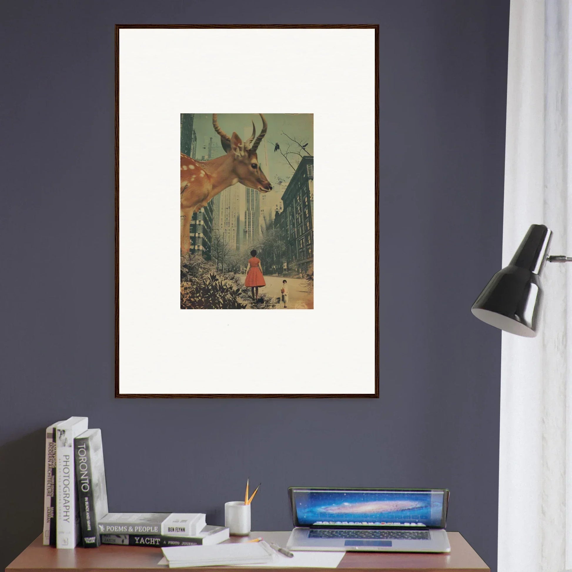 Framed surrealist wall art of a giant deer and figure in cityscape for Mind Gala room decor