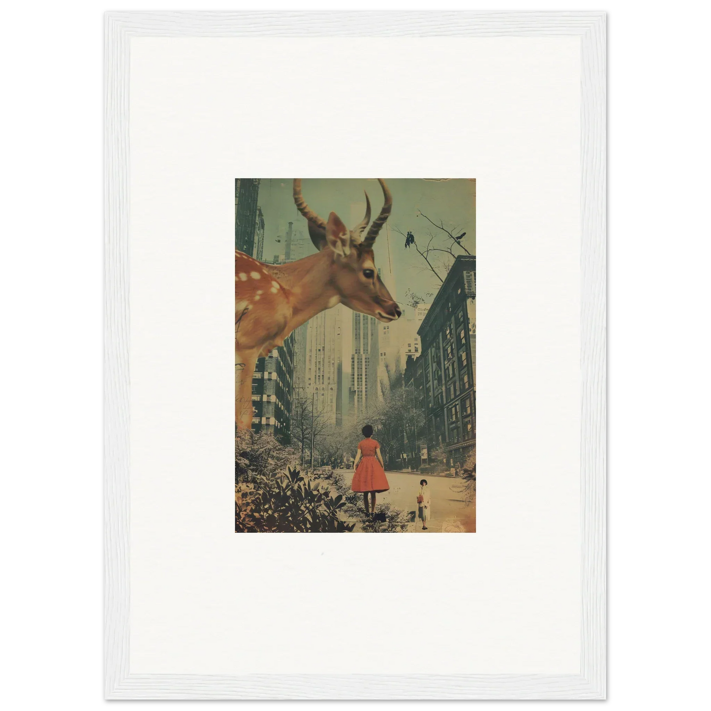 Surreal collage of a giant deer head and a cloaked figure for Mind Gala room decor
