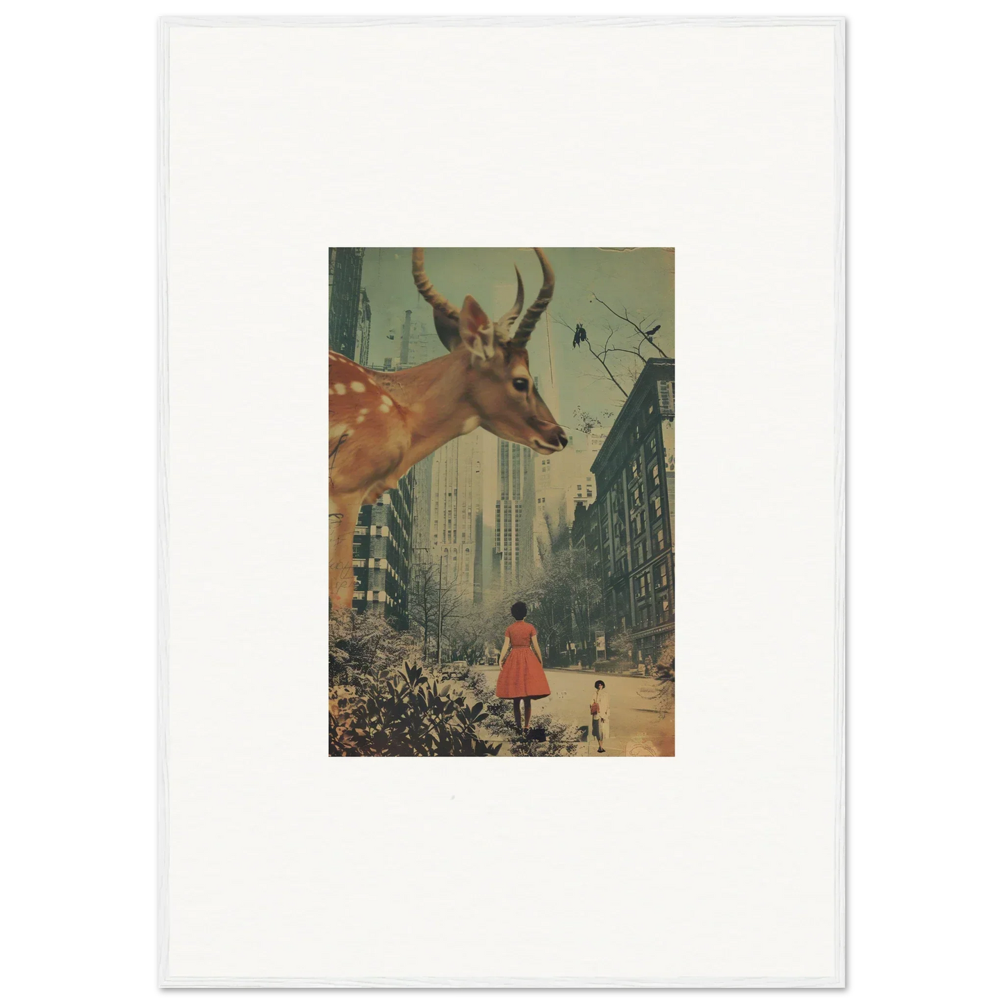 Surreal room decor with a giant deer head over a city street in Mind Gala framed wall art