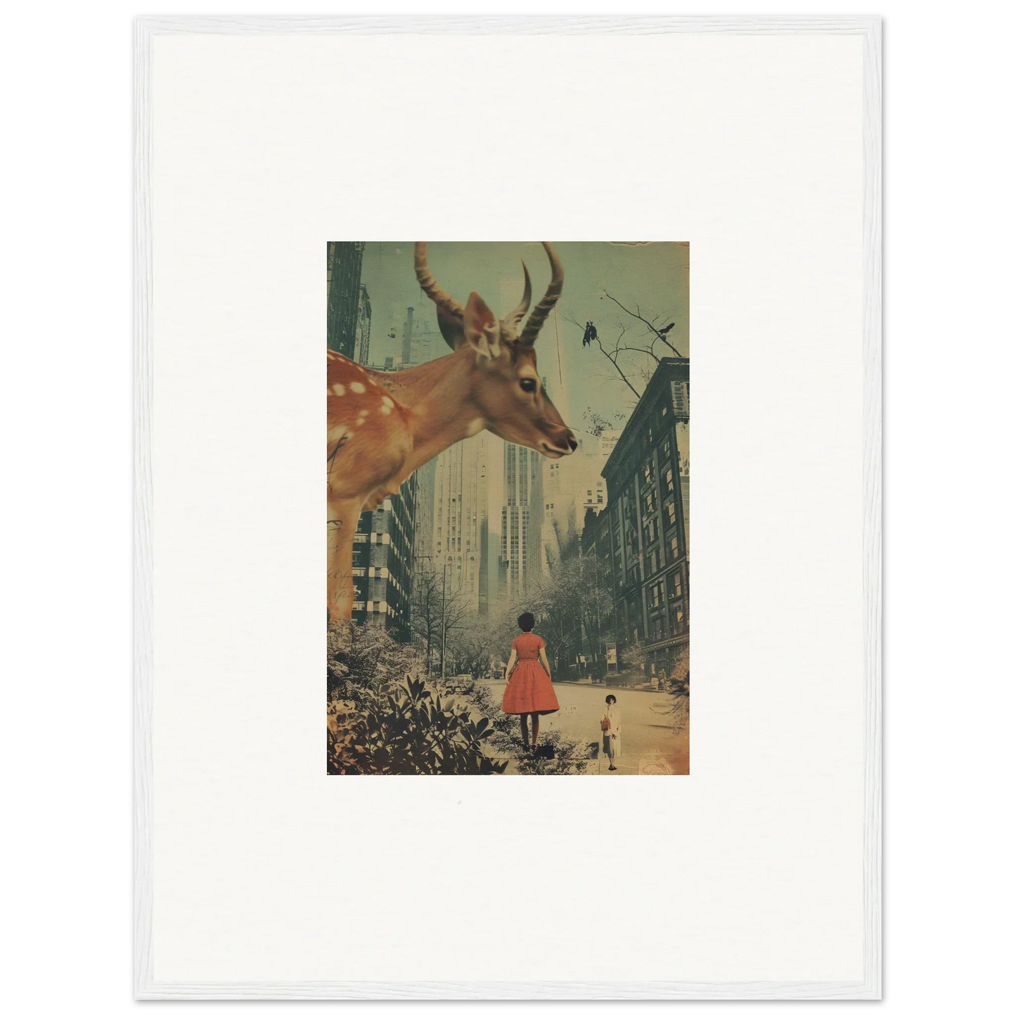 Surreal collage of a giant deer head over a city, perfect for Mind Gala wall decor