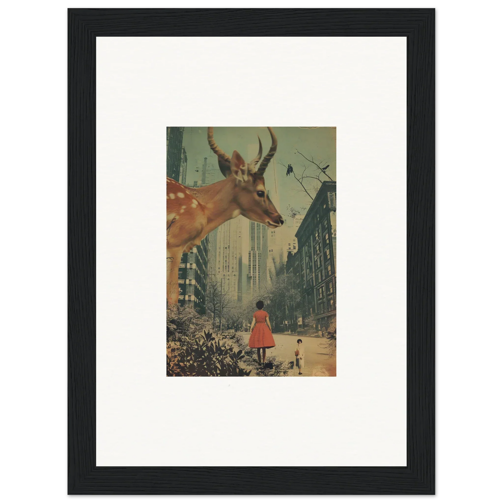 Framed surrealist wall art of a giant deer over a city, perfect for Mind Gala room decor