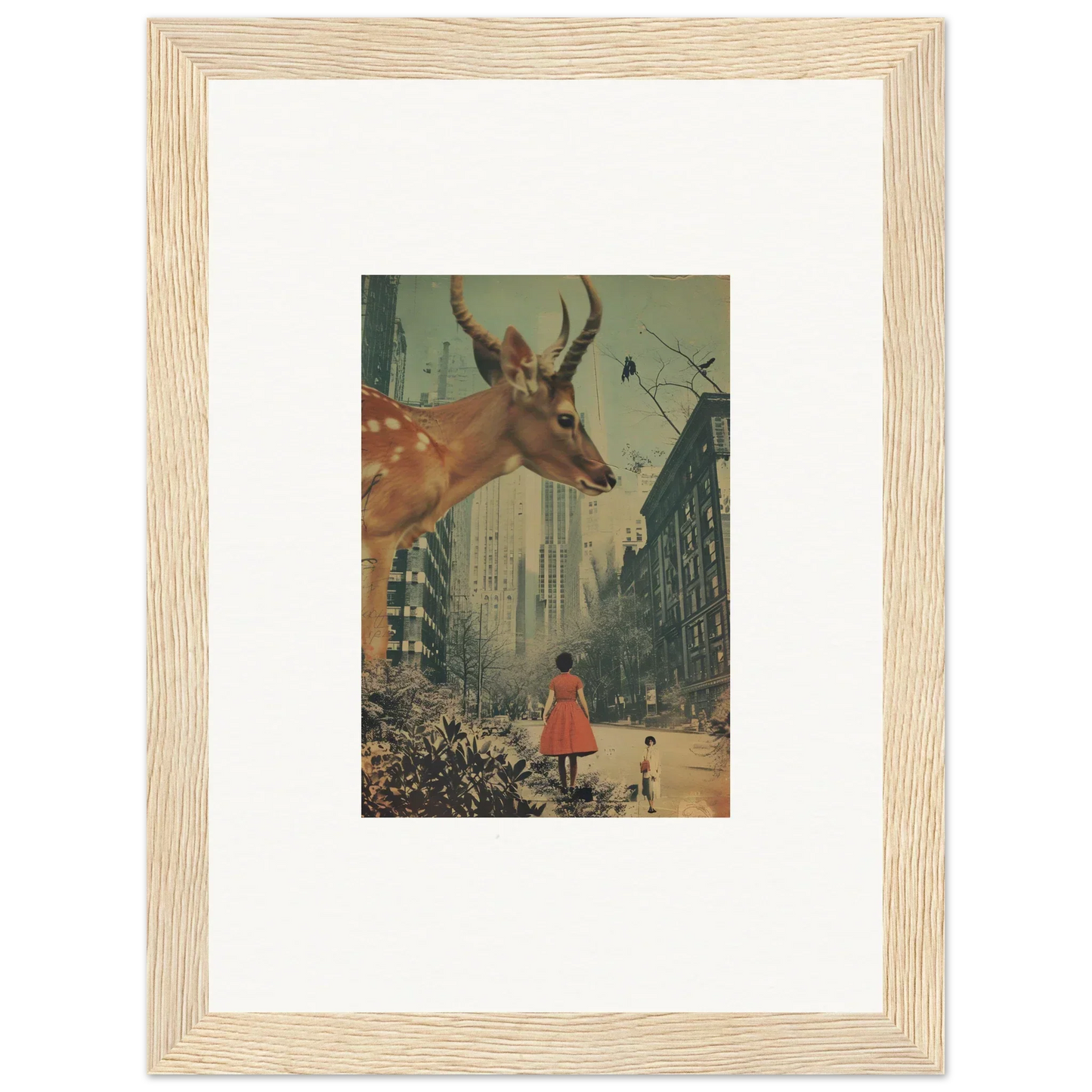Framed surrealist collage of a deer head above a city, perfect for Mind Gala room decor