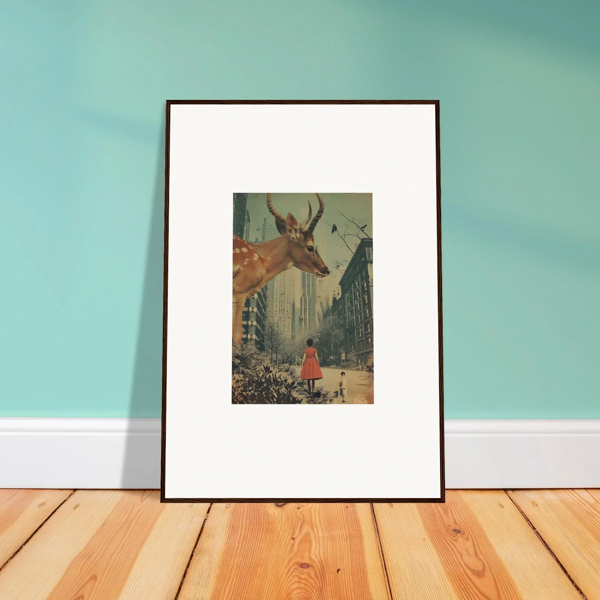 Framed surrealist wall art of a giant deer head over a city street for Mind Gala room decor