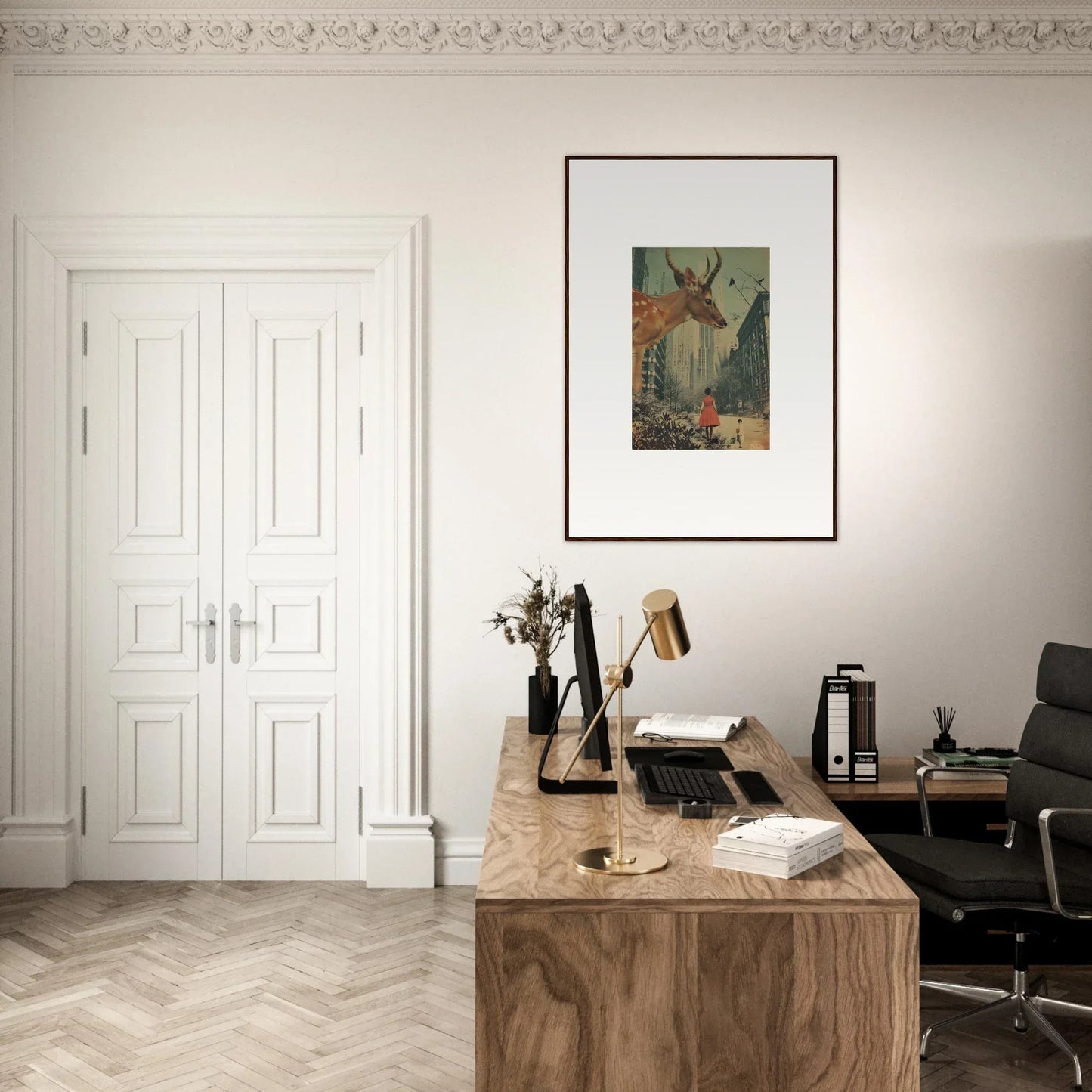 Wooden desk with a typewriter, books, and office accessories for stylish Mind Gala room decor