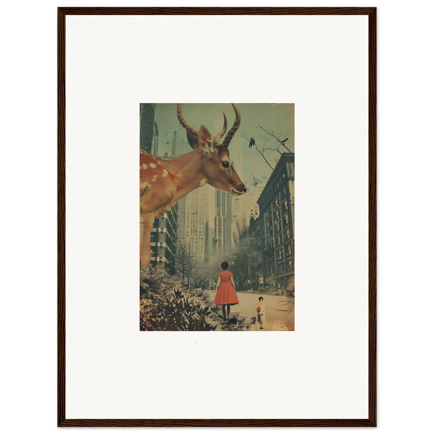 Framed surrealist wall art of a giant deer in a city, perfect for Mind Gala room decor