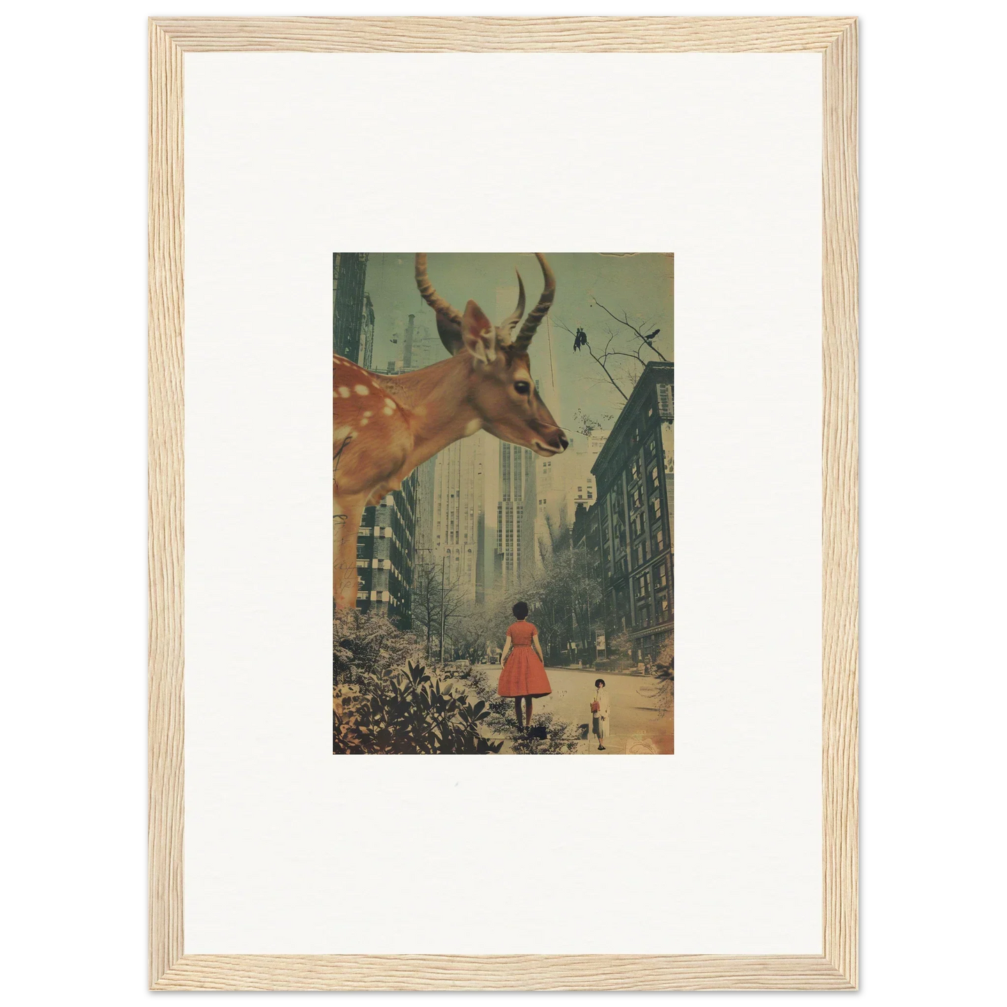 Framed wall art of a giant deer head over a city, perfect for Mind Gala room decor