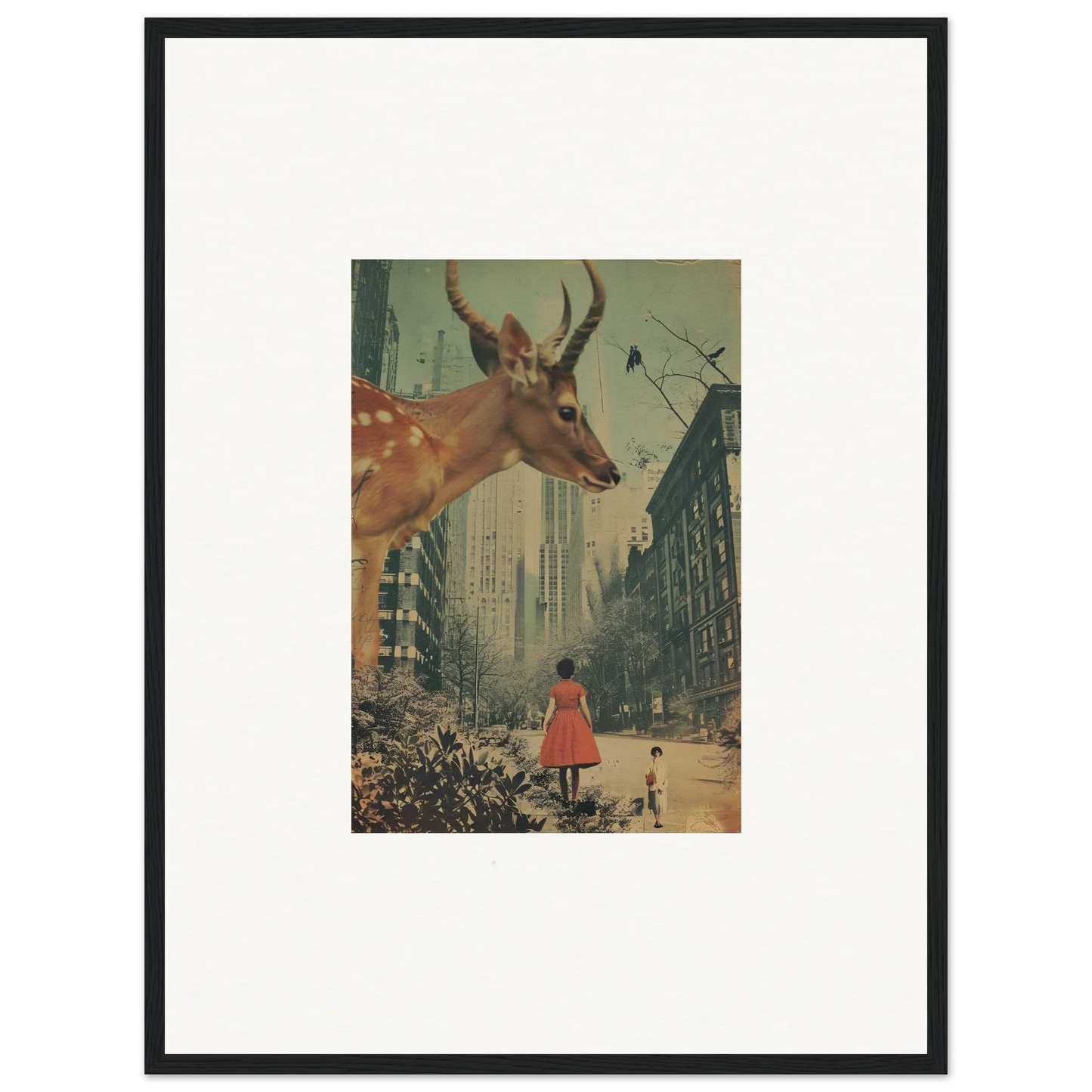 Framed surrealist wall art of a giant deer head over a city, perfect for Mind Gala room decor
