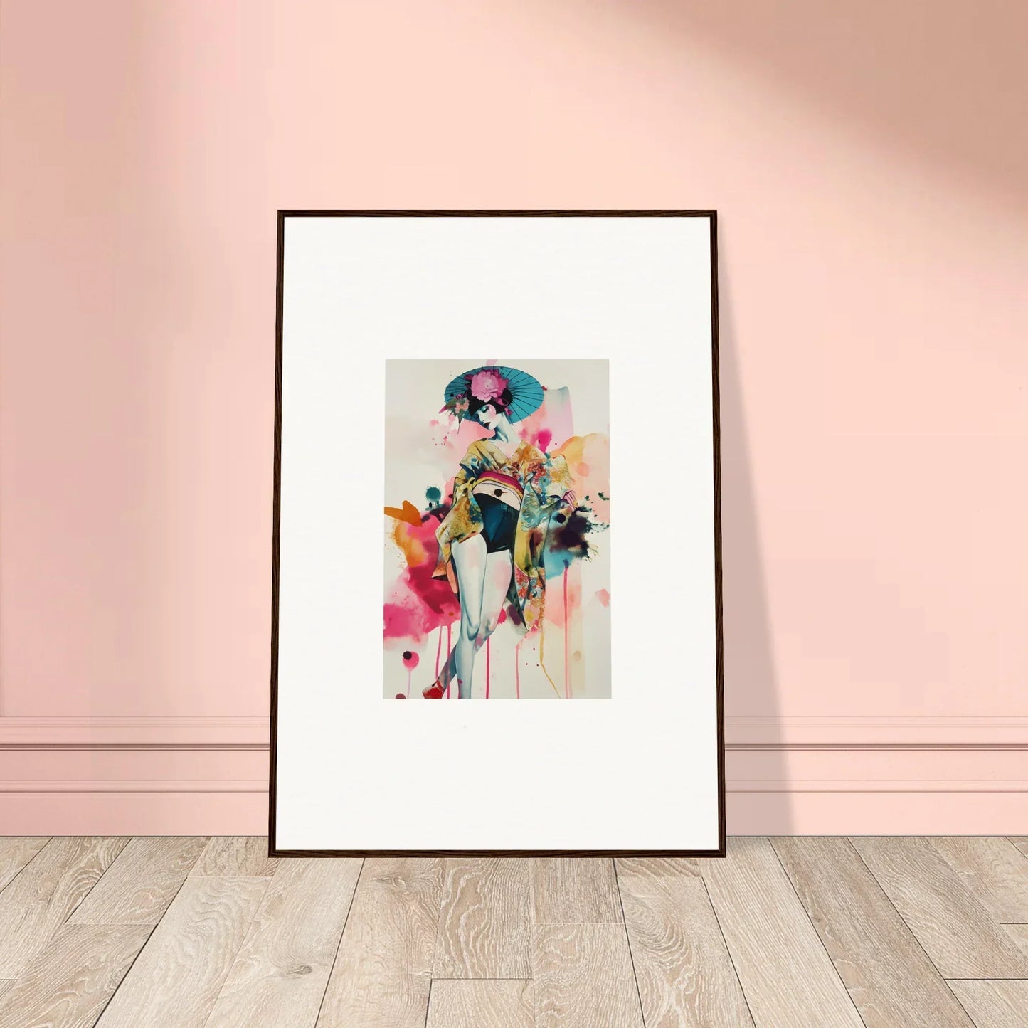 Framed abstract watercolor painting of a stylized figure for Candy Fantasia room decor
