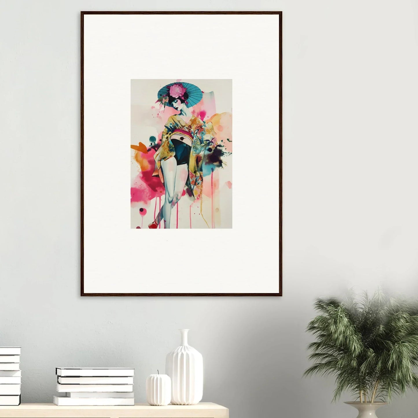 Framed wall art featuring a colorful figure with flowers in Candy Fantasia design