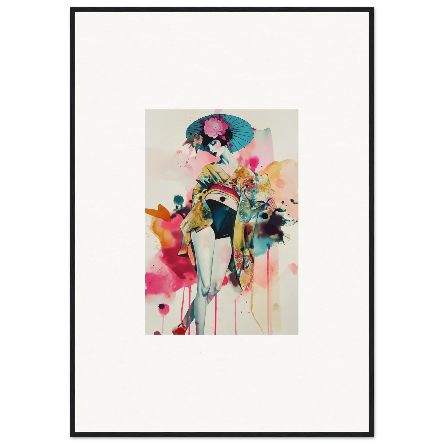 Colorful watercolor painting of a woman with an umbrella for Candy Fantasia room decor