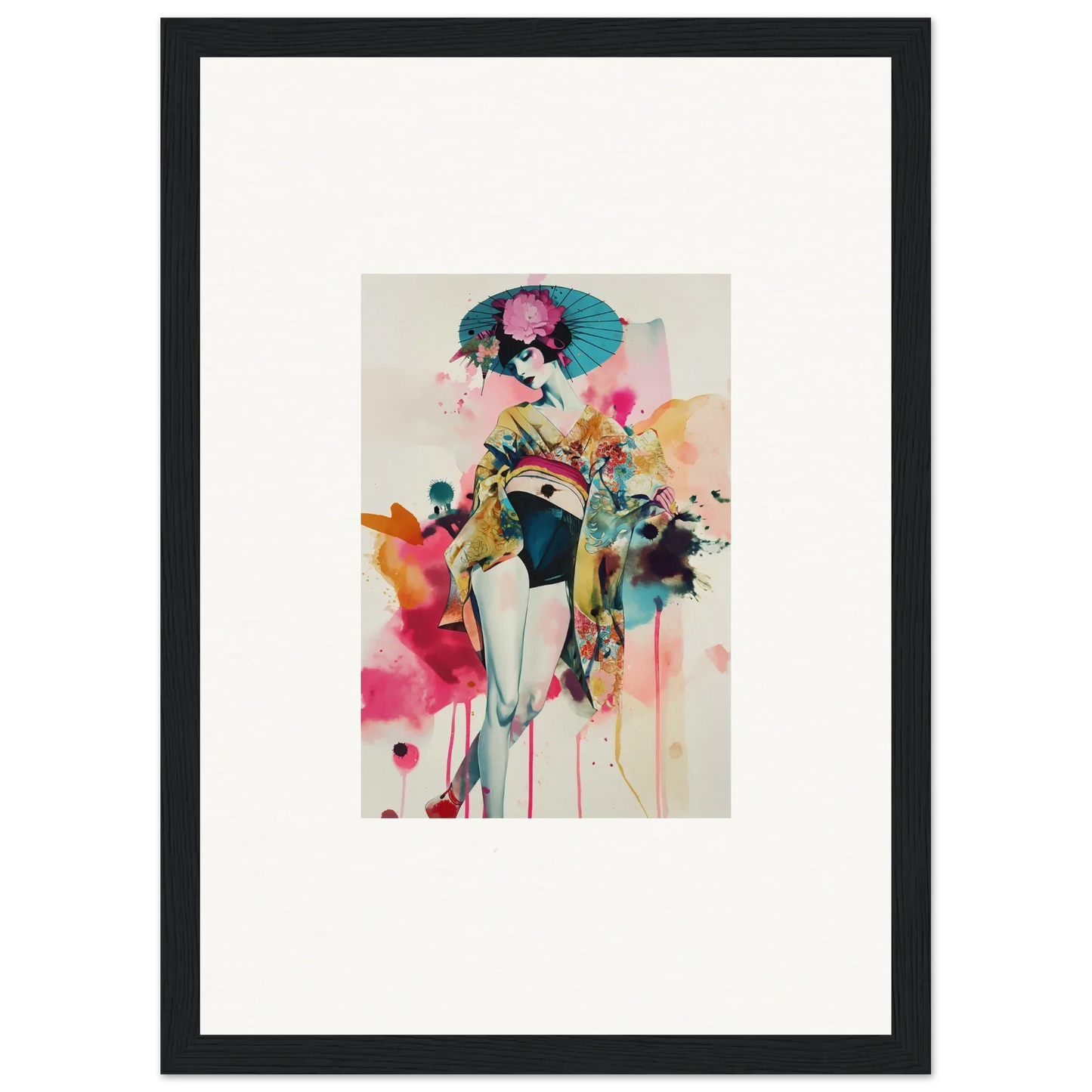 Colorful abstract watercolor of a female figure with a parasol for Candy Fantasia room decor