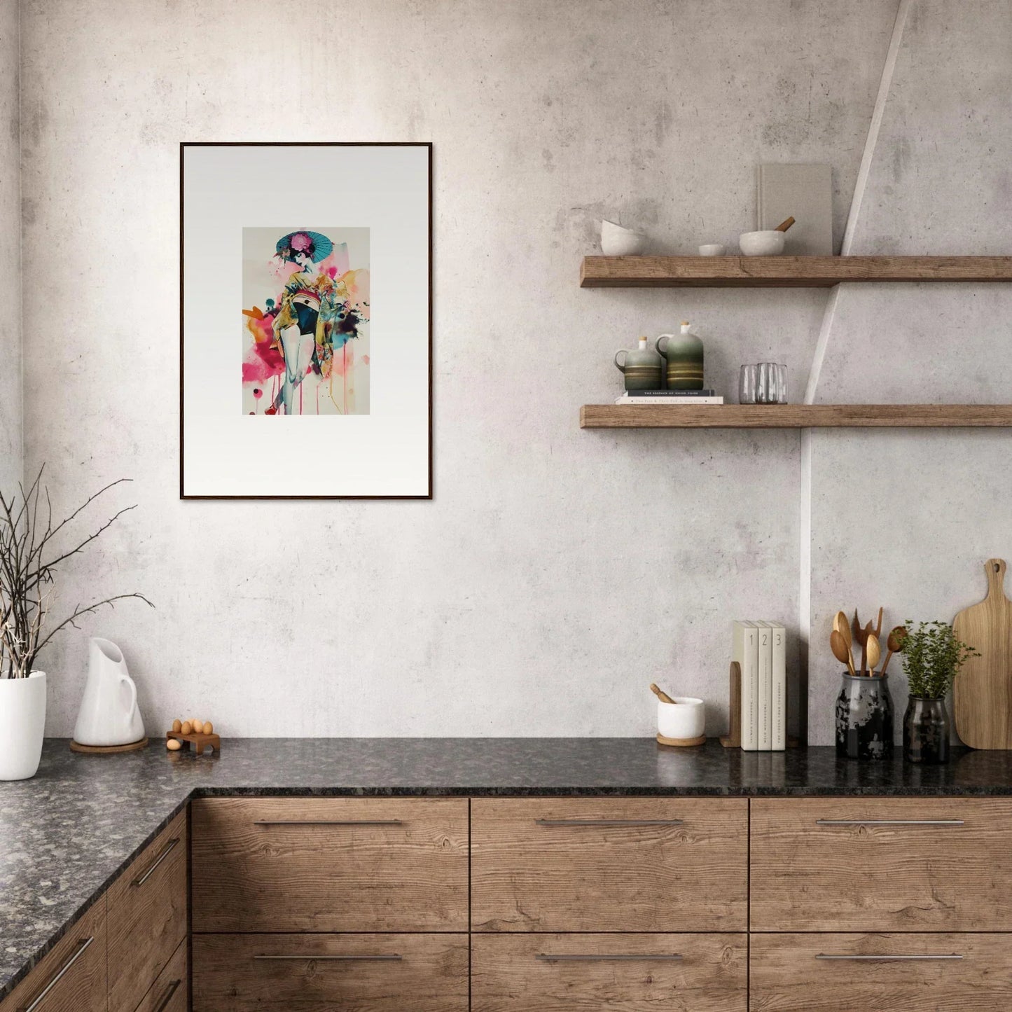 Modern kitchen with wooden cabinetry and Candy Fantasia framed wall art for stylish room decor