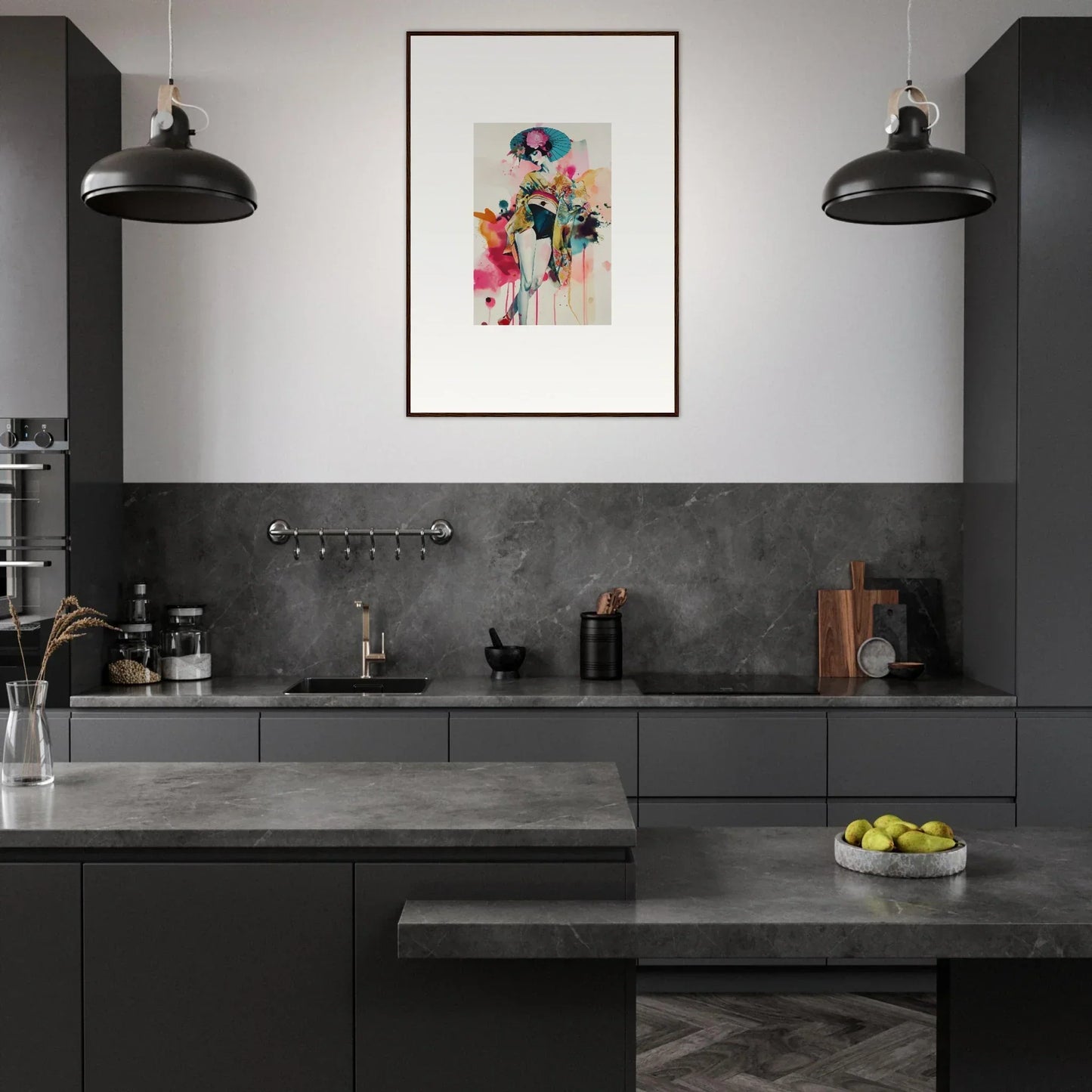 Modern kitchen with dark cabinetry, concrete countertops, and Candy Fantasia wall art