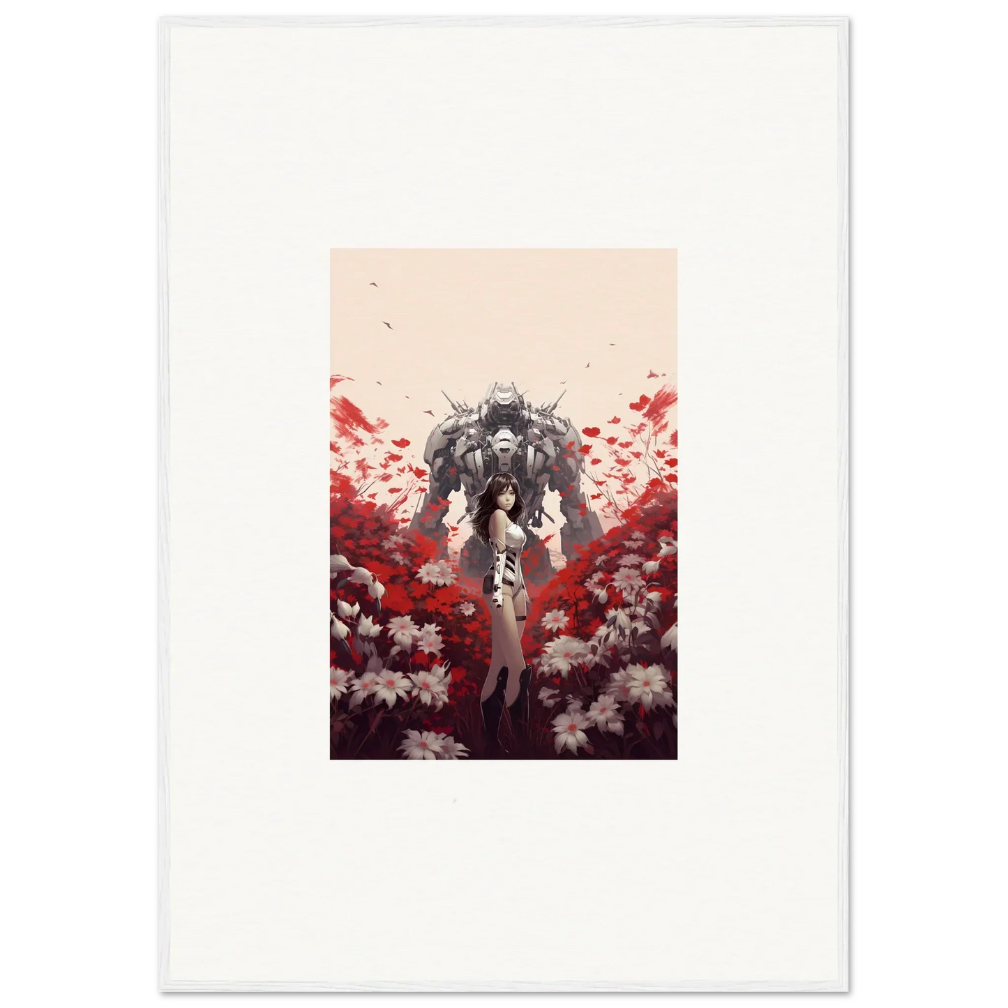 Robotic humanoid figure amid red and white flowers for boundary whimsy room decoration